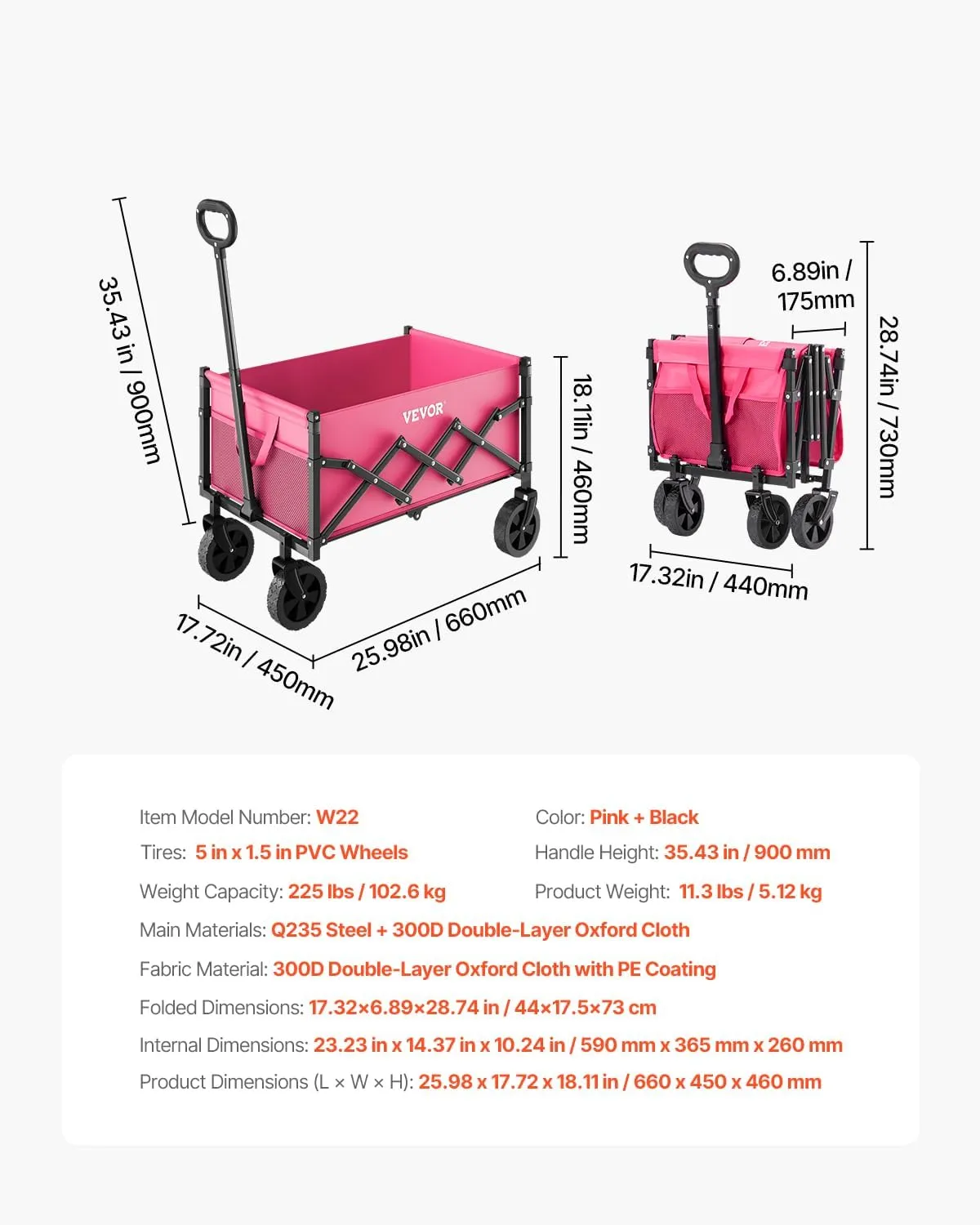 VEVOR Collapsible Wagon Cart with Wheels Foldable, 120L 225LBS Heavy Duty Folding Wagon, Portable Utility Grocery Cart for Groceries Camping Sports Shopping Garden with Adjustable Handle