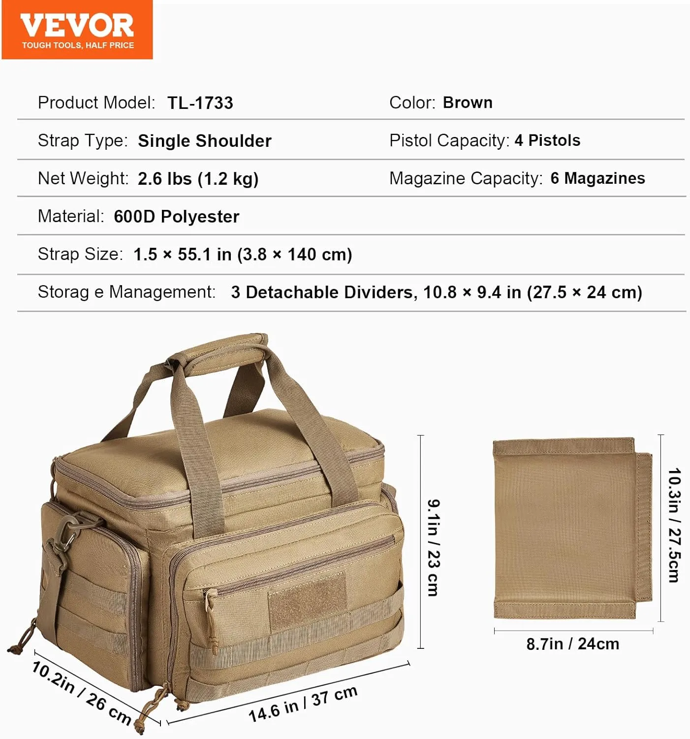 VEVOR Range Bag for 4  Pistols, Tactical Gun Range Bag with 3 Detachable Dividers & 6 Magazines, Firearm Shooting Handgun Bag for Outdoor Hunting Shooting Pistol Bag with Single Shoulder Strip, Brown