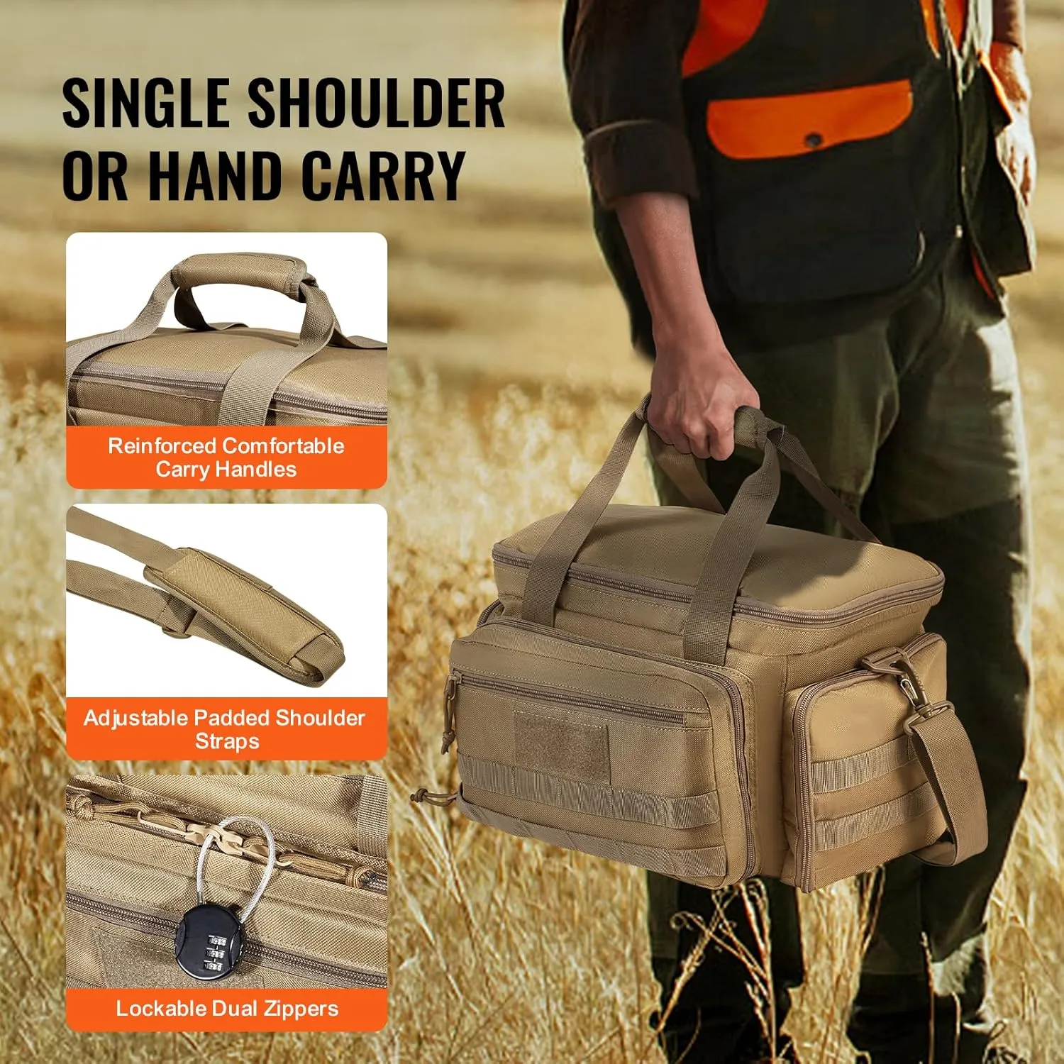 VEVOR Range Bag for 4  Pistols, Tactical Gun Range Bag with 3 Detachable Dividers & 6 Magazines, Firearm Shooting Handgun Bag for Outdoor Hunting Shooting Pistol Bag with Single Shoulder Strip, Brown