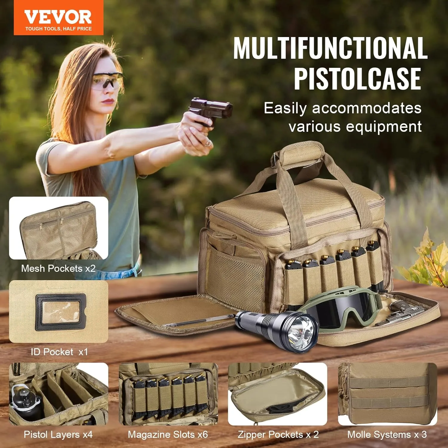 VEVOR Range Bag for 4  Pistols, Tactical Gun Range Bag with 3 Detachable Dividers & 6 Magazines, Firearm Shooting Handgun Bag for Outdoor Hunting Shooting Pistol Bag with Single Shoulder Strip, Brown