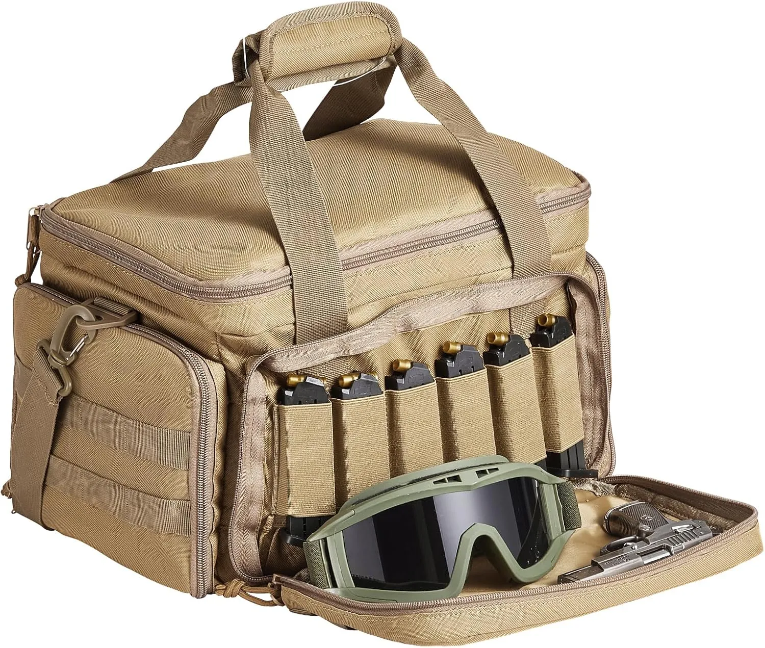 VEVOR Range Bag for 4  Pistols, Tactical Gun Range Bag with 3 Detachable Dividers & 6 Magazines, Firearm Shooting Handgun Bag for Outdoor Hunting Shooting Pistol Bag with Single Shoulder Strip, Brown