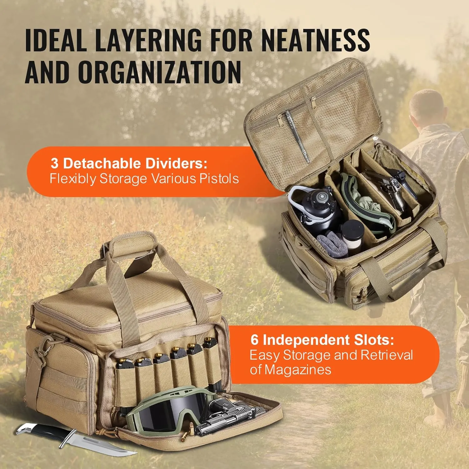 VEVOR Range Bag for 4  Pistols, Tactical Gun Range Bag with 3 Detachable Dividers & 6 Magazines, Firearm Shooting Handgun Bag for Outdoor Hunting Shooting Pistol Bag with Single Shoulder Strip, Brown