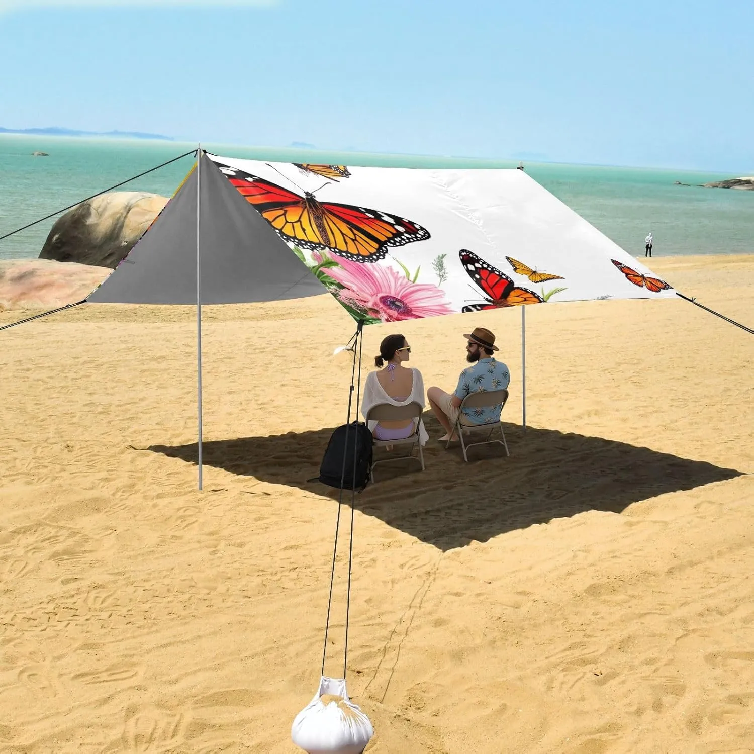 Vibrant Butterflies Flowers White Canopy Tent Beach 9.2 × 10.5 FT Patio Sun Shade Outdoor Outside Sunshade Camping Sun Shelter Custom with Poles Sand Anchor