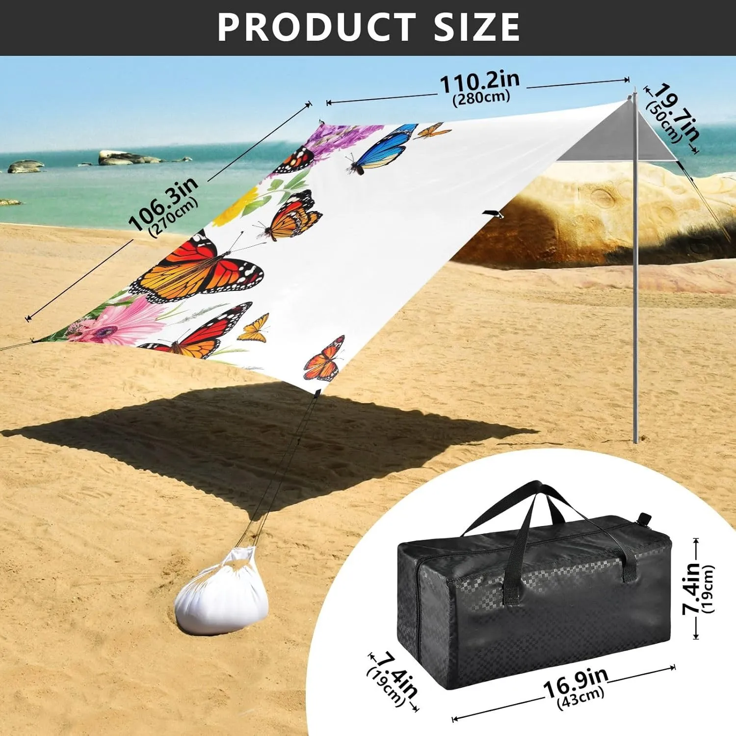 Vibrant Butterflies Flowers White Canopy Tent Beach 9.2 × 10.5 FT Patio Sun Shade Outdoor Outside Sunshade Camping Sun Shelter Custom with Poles Sand Anchor