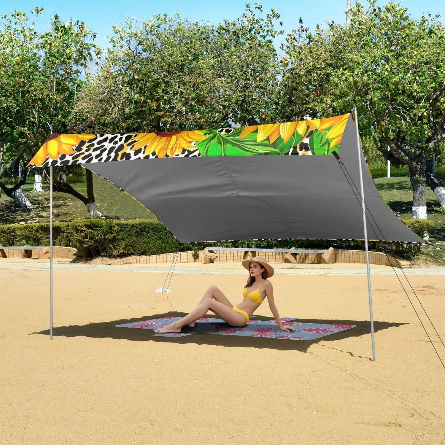 Vibrant Sunflowers Leopard Print Canopy Tent Beach Outdoor Patio Sun Shade Picnic Travel Camping Sun Shelter Sunshade with Anchor Poles Easy up 9.2 × 10.5 FT
