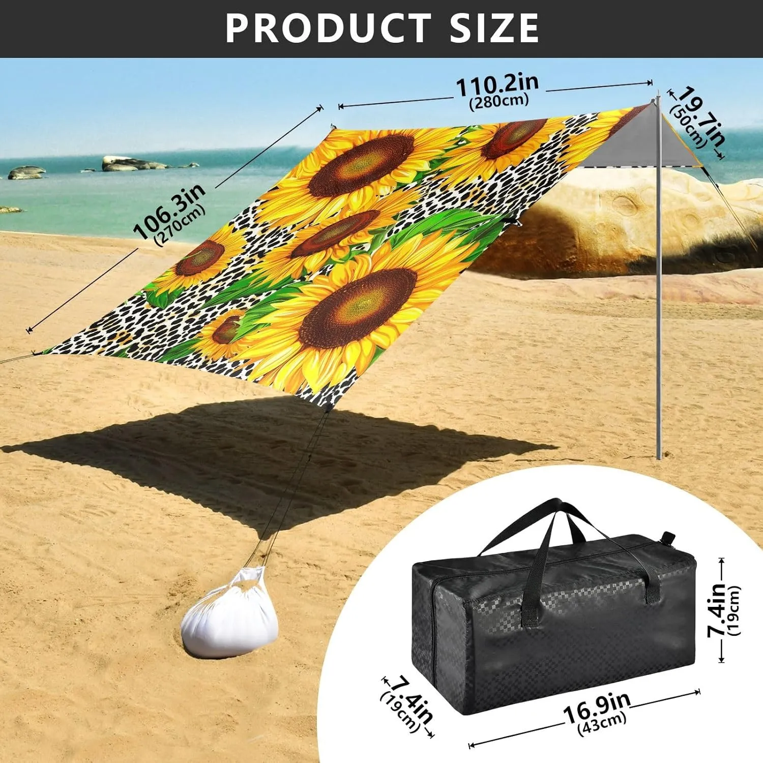 Vibrant Sunflowers Leopard Print Canopy Tent Beach Outdoor Patio Sun Shade Picnic Travel Camping Sun Shelter Sunshade with Anchor Poles Easy up 9.2 × 10.5 FT