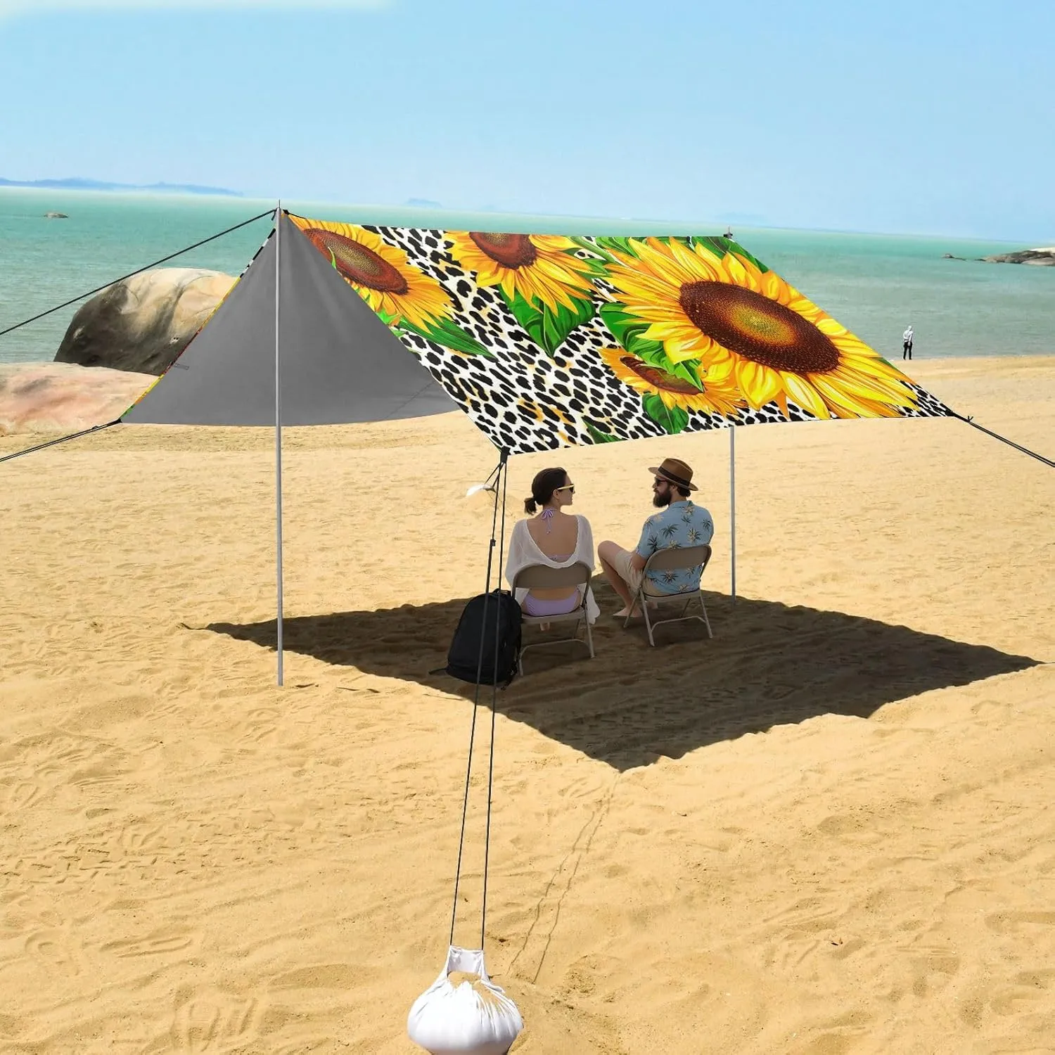 Vibrant Sunflowers Leopard Print Canopy Tent Beach Outdoor Patio Sun Shade Picnic Travel Camping Sun Shelter Sunshade with Anchor Poles Easy up 9.2 × 10.5 FT