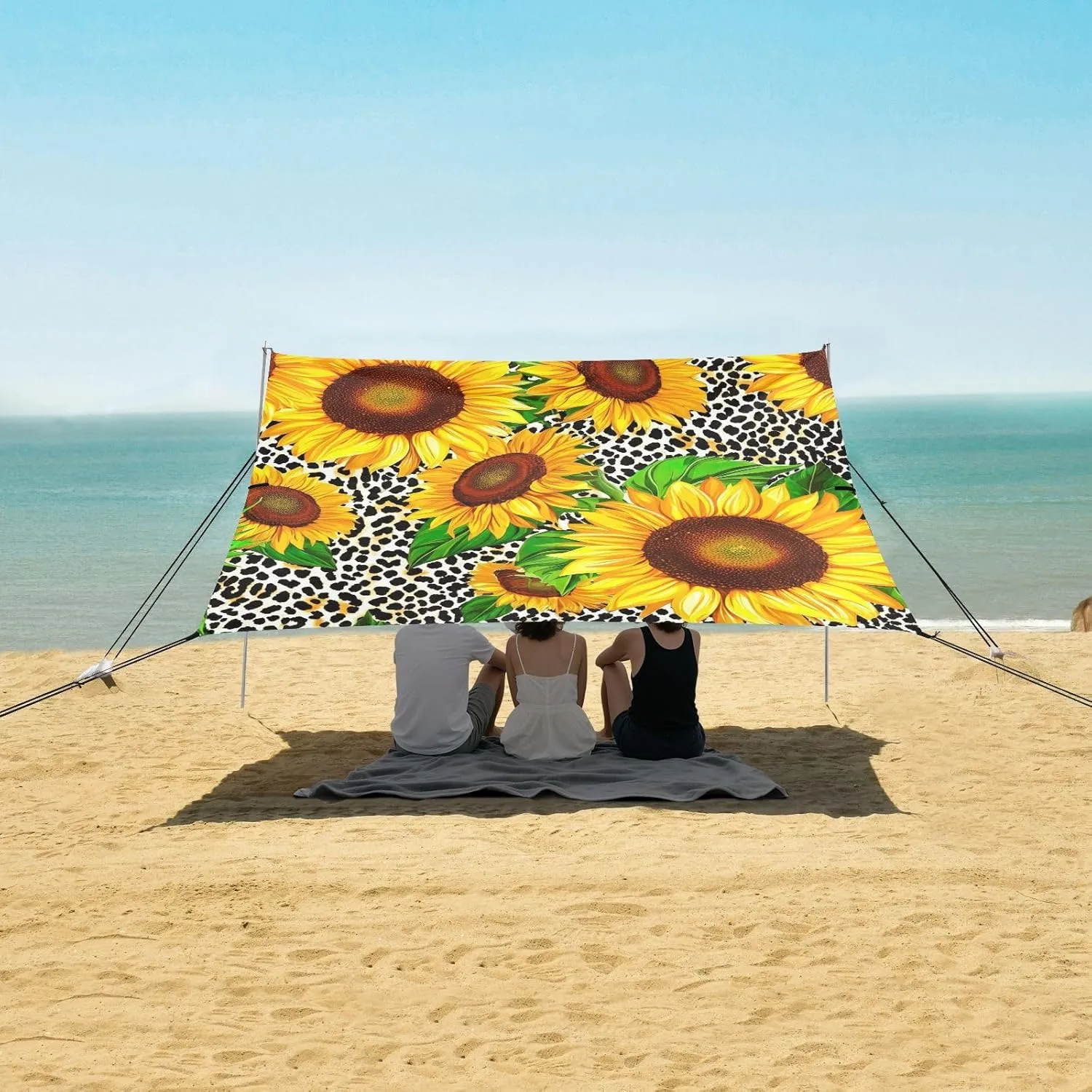 Vibrant Sunflowers Leopard Print Canopy Tent Beach Outdoor Patio Sun Shade Picnic Travel Camping Sun Shelter Sunshade with Anchor Poles Easy up 9.2 × 10.5 FT