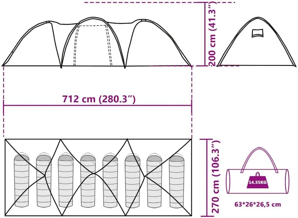 vidaXL Dome Family Tent 8-Person Green 185T Polyester - Waterproof Dome Tent for Camping with E-Port & Divided Curtains - 280.3" x 106.3" x 78.7"