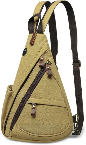 Vintage Canvas Sling Bag with Genuine Leather Zipper, 3 in 1 Crossbody, Backpack, and Chest Bag, for Travel, Hiking, 16x10x6 Inches, Khaki