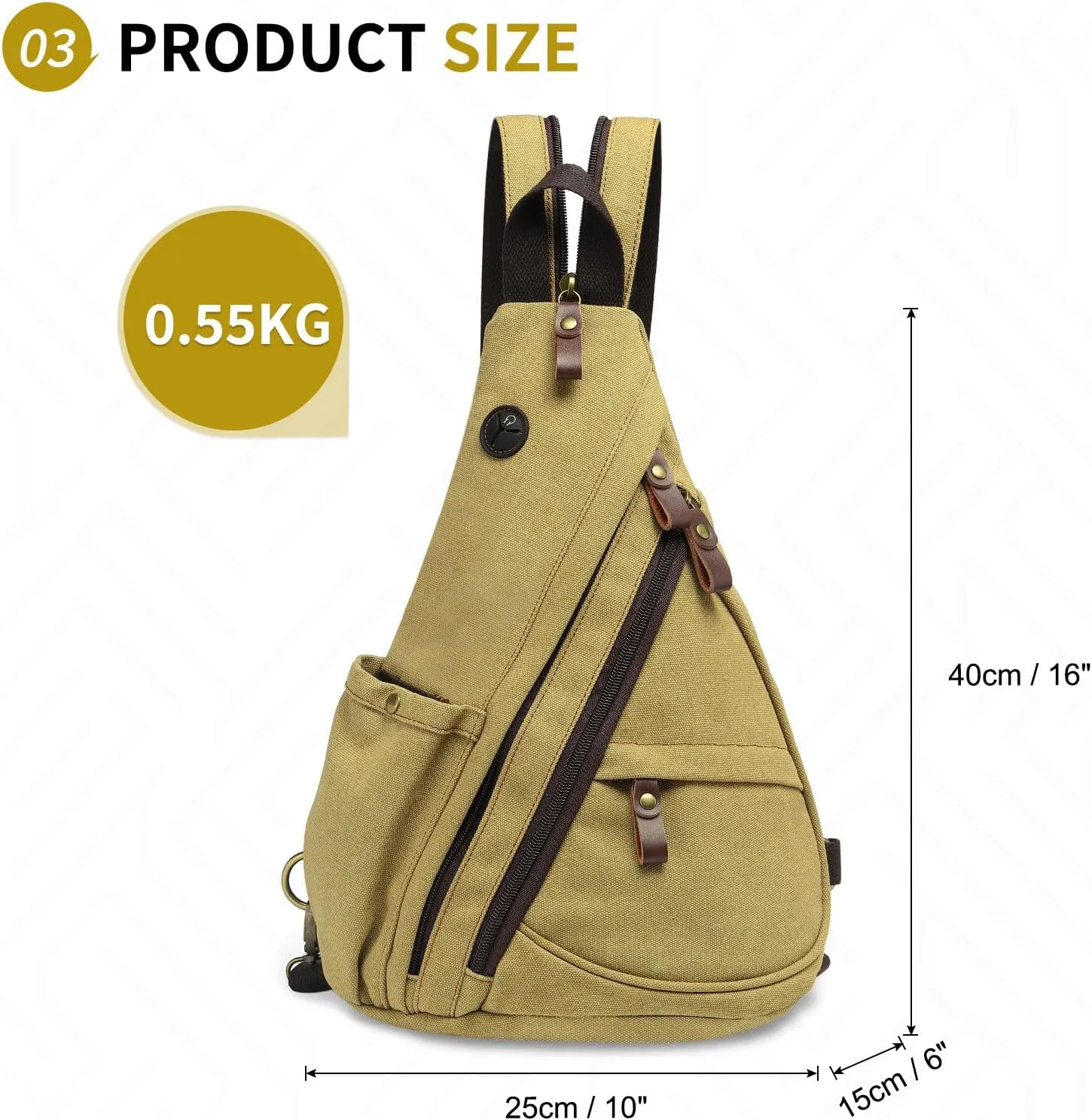 Vintage Canvas Sling Bag with Genuine Leather Zipper, 3 in 1 Crossbody, Backpack, and Chest Bag, for Travel, Hiking, 16x10x6 Inches, Khaki