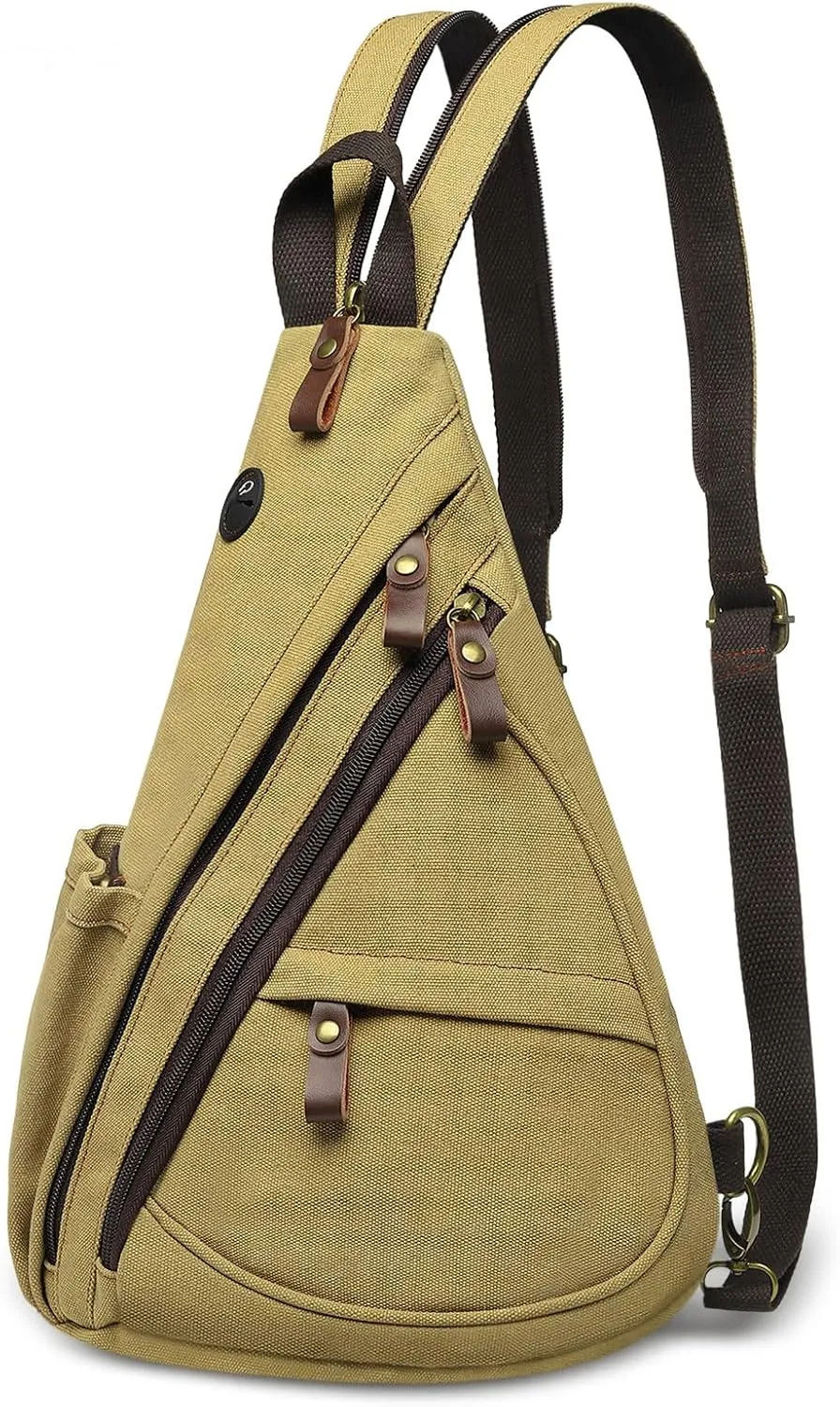 Vintage Canvas Sling Bag with Genuine Leather Zipper, 3 in 1 Crossbody, Backpack, and Chest Bag, for Travel, Hiking, 16x10x6 Inches, Khaki