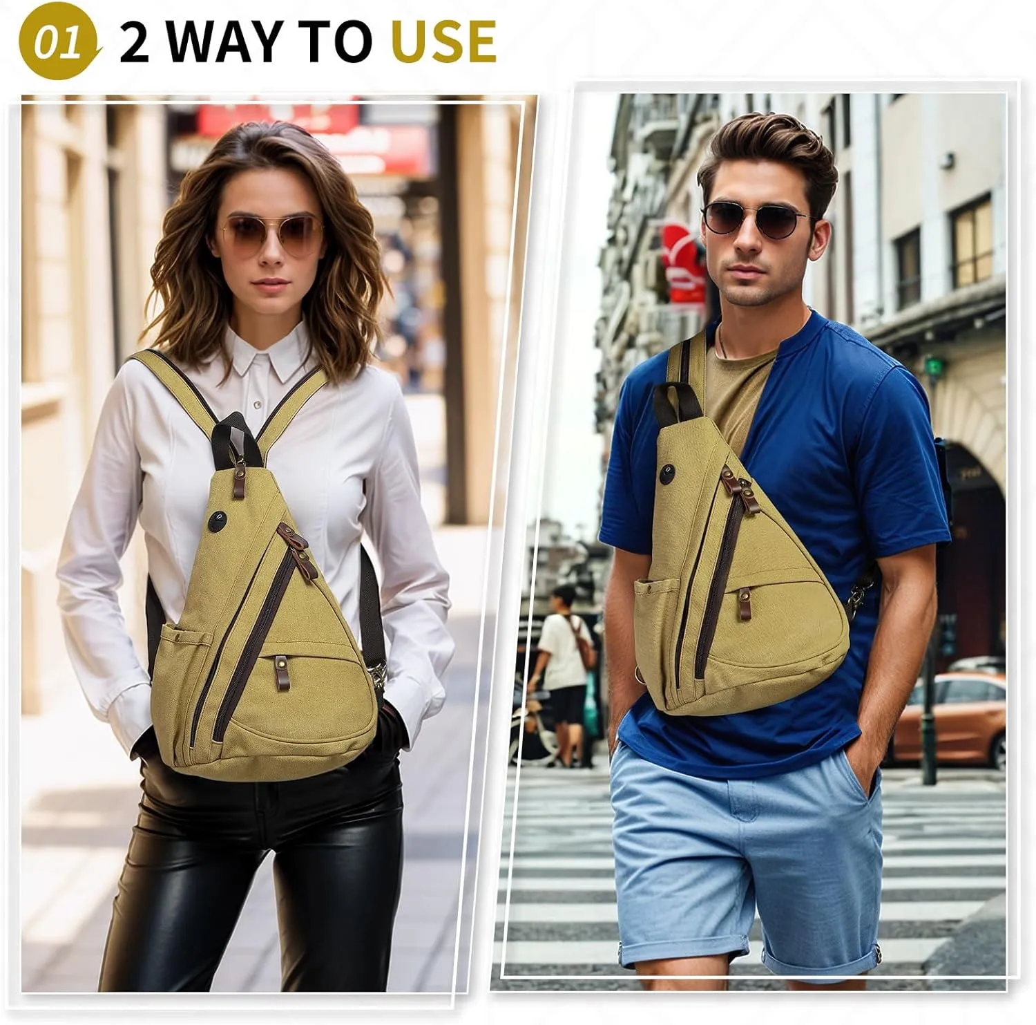 Vintage Canvas Sling Bag with Genuine Leather Zipper, 3 in 1 Crossbody, Backpack, and Chest Bag, for Travel, Hiking, 16x10x6 Inches, Khaki