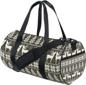 Vintage Christmas White Reindeers Trees Norwegian Sweater Style Duffel Bag, Foldable Canvas Travel Tote for Gym Sports with Inner Pockets, Durable Lightweight Fitness Bag for Overnight Workout