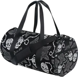 Vintage Seamless Sugar Skulls Roses with Green Leaves on Black Duffel Bag, Foldable Canvas Travel Tote for Gym Sports with Inner Pockets, Durable Lightweight Fitness Bag for Overnight Workout