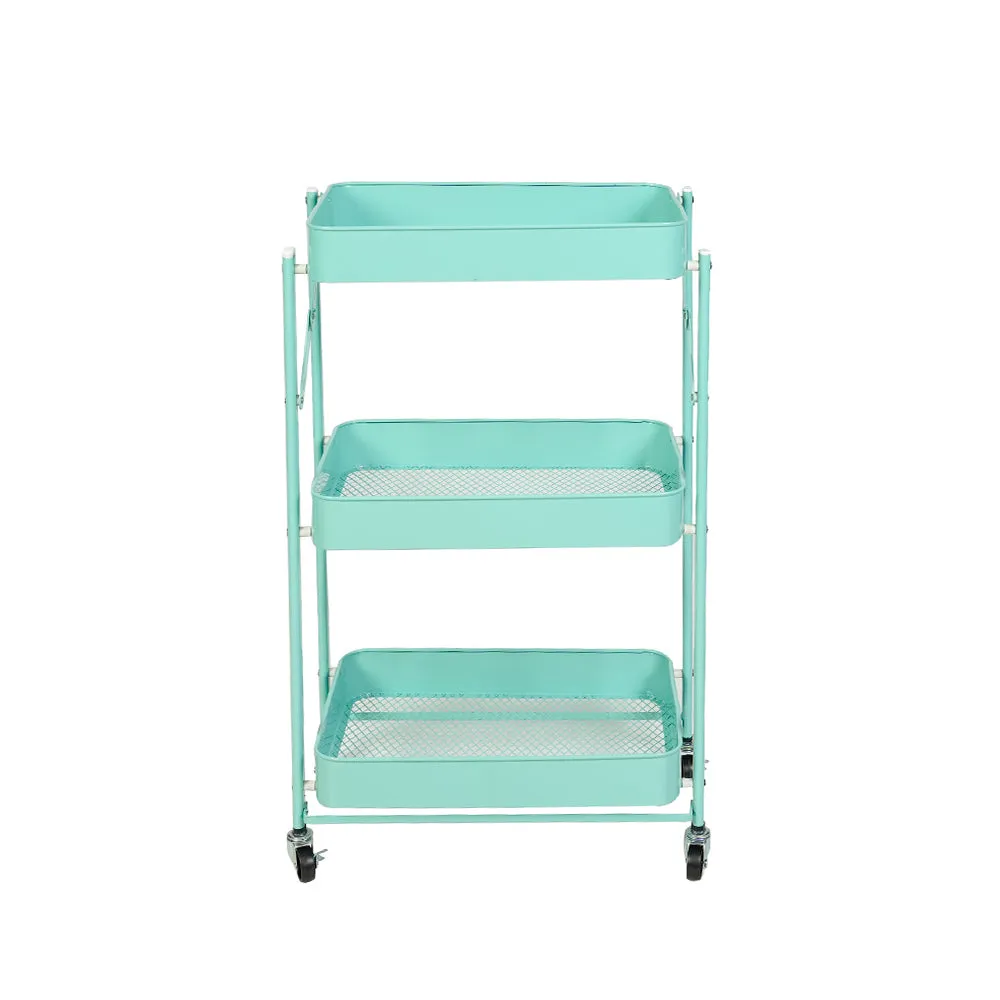 Viviendo 3 Tier Organiser Trolley Foldable Metal Utility Rolling Cart Home Storage Kitchen - Mint