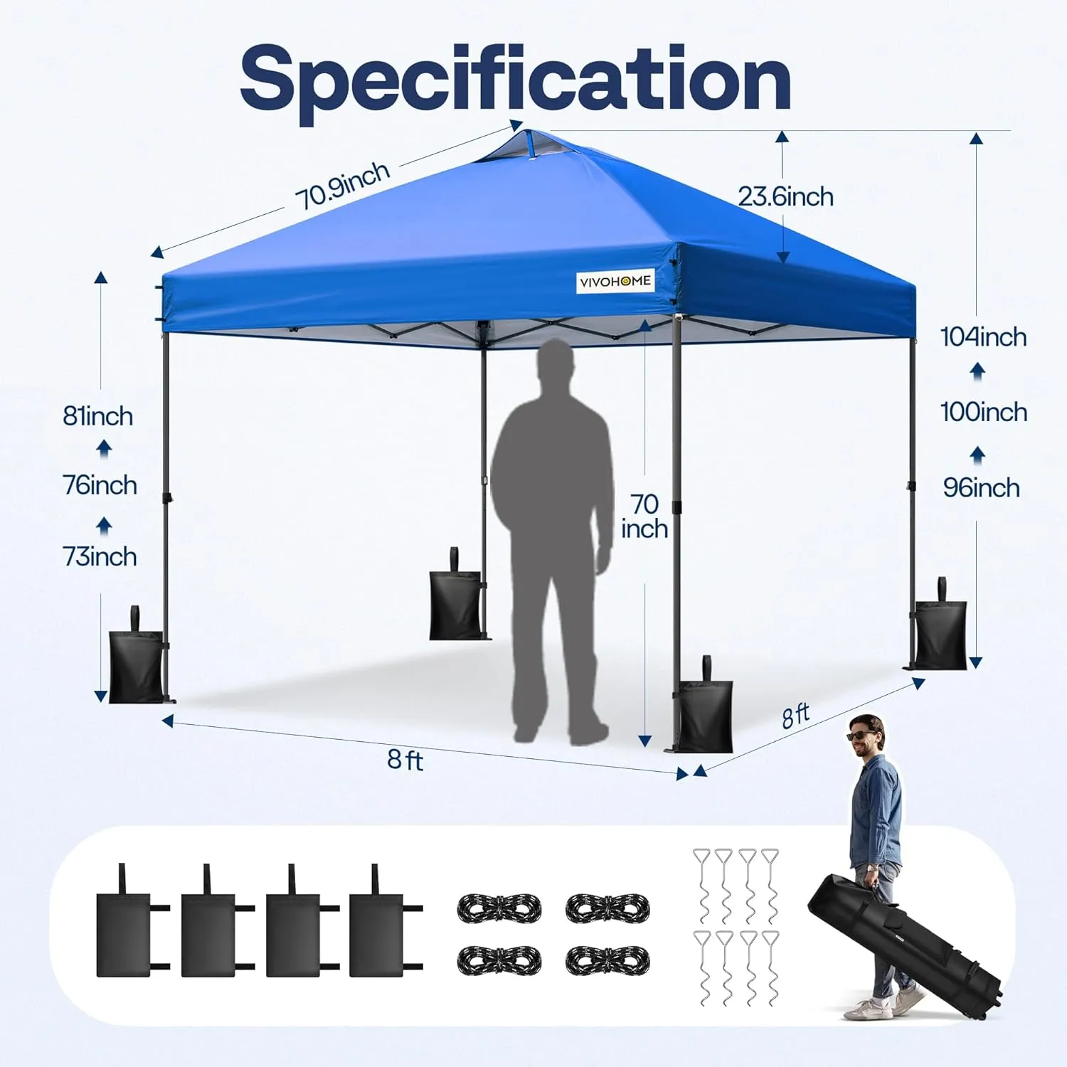 VIVOHOME 8x8ft Pop Up Canopy Tent One Push Setup Outdoor Portable Shelter Tent Heavy Duty with Wheel Carry Bag and 4 Sandbags, Blue