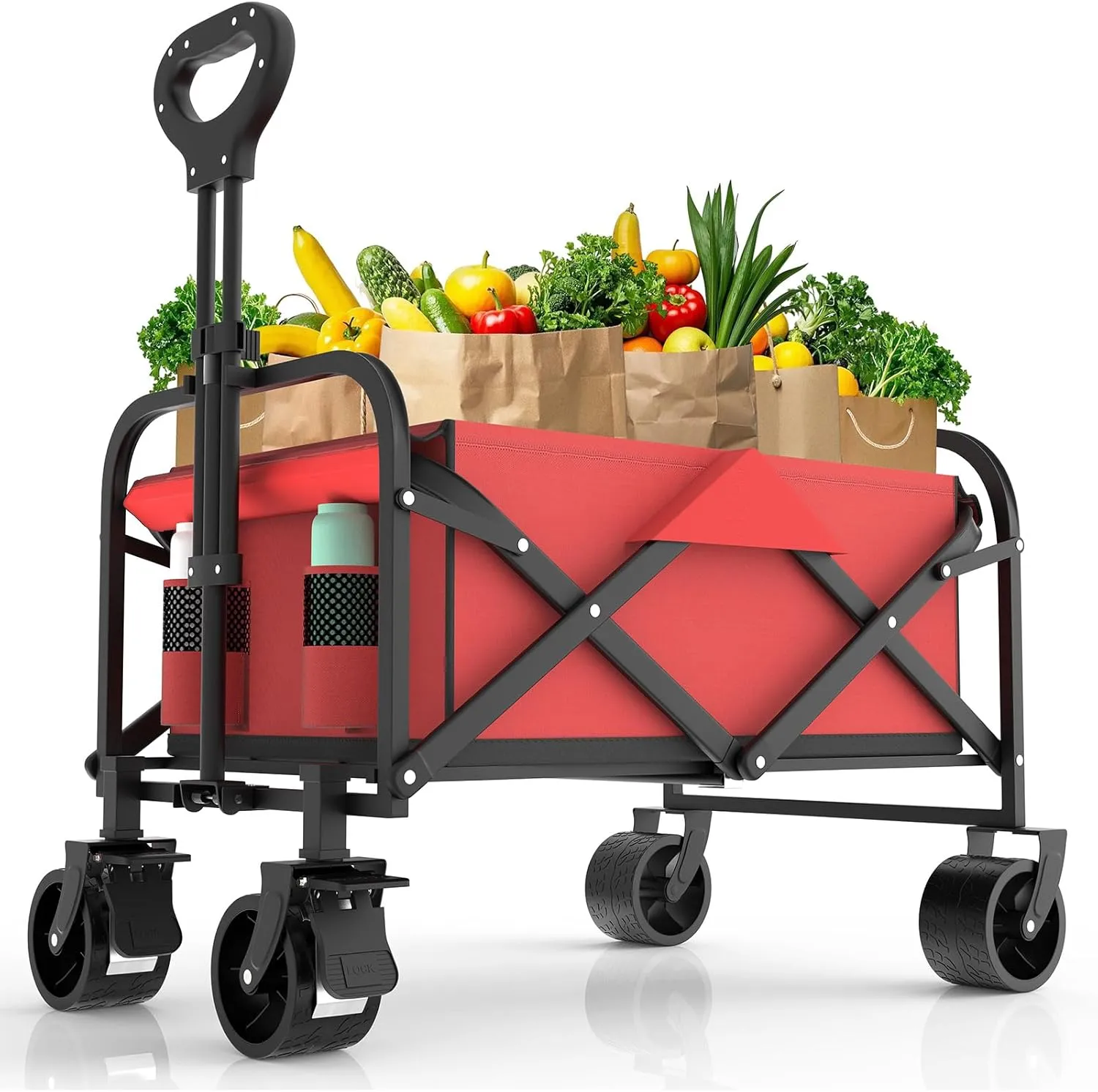 Wagons Carts Foldable, 330LBS Beach Wagon Collapsible with All-Terrain Wheels Portable Utility Folding Cart for Beach/Grocery/Garden/Fishing/Camping/Shopping/Outdoor/Travel, Red