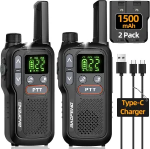 Walkie Talkies Long Range for Adults Rechargeable Walkie Talkie for Kids FRS 2 Way Radio with 1500mAh Li-ion Battery Charger USB-C Cable Headset VOX Walky Talky for Hiking Cruises Campin (2Pack)