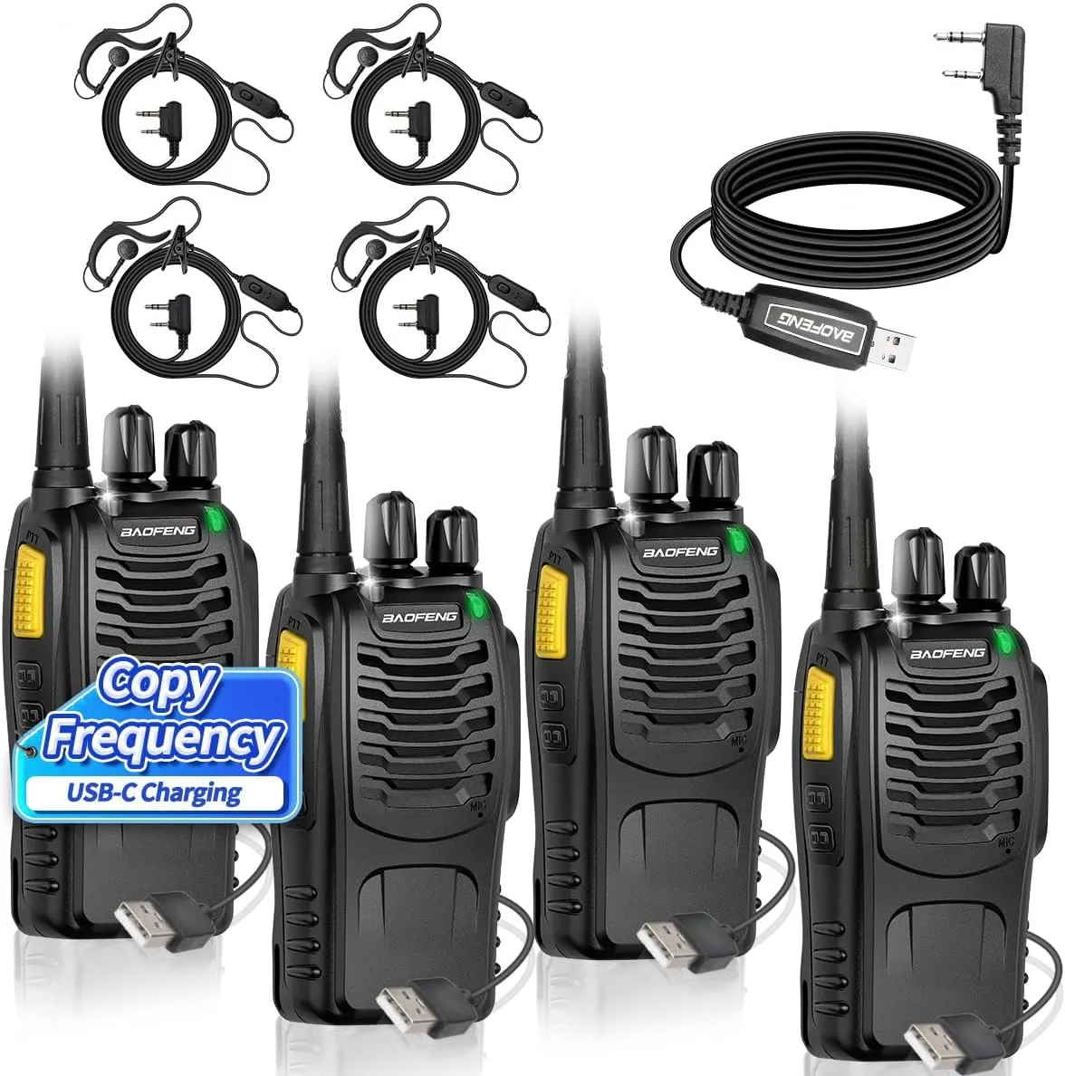 Walkie Talkies Long Range for Adults with Earpieces, Strong Encrypted Walky Talky Rechargeable Handheld Walkie Talkie with Earpiece Flashlight and USB-C Charger for Camping Hiking（4Pack）