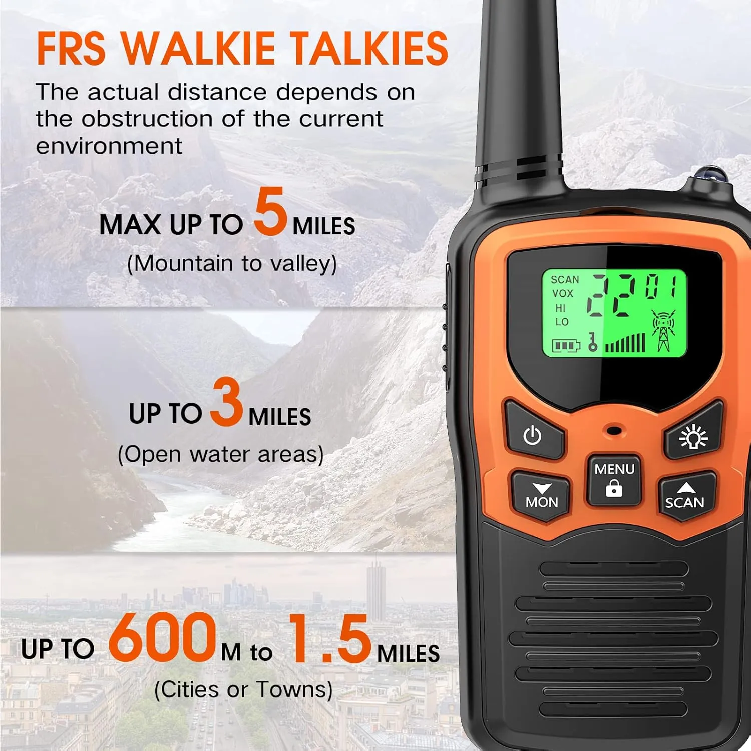 Walkie Talkies with 22 FRS Channels MOICO Walkie Talkies for Adults with LED Flashlight VOX Scan LCD Display, Long Range Family Radios for Hiking Camping Trip (Orange, 4 Pack)