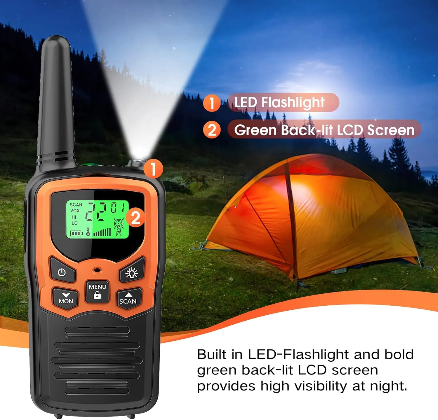 Walkie Talkies with 22 FRS Channels MOICO Walkie Talkies for Adults with LED Flashlight VOX Scan LCD Display, Long Range Family Radios for Hiking Camping Trip (Orange, 4 Pack)