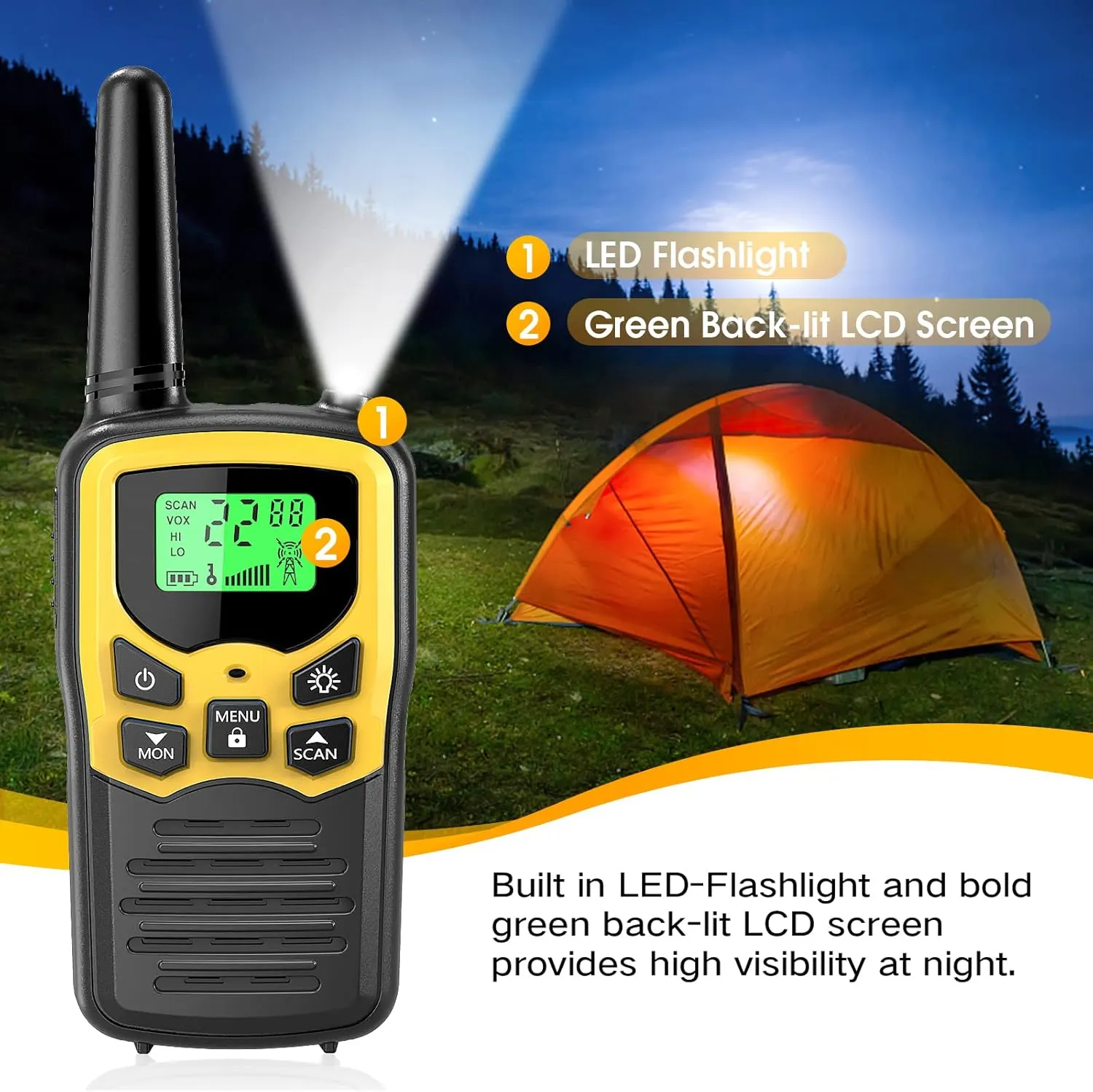 Walkie Talkies with 22 FRS Channels, MOICO Walkie Talkies for Adults with LED Flashlight VOX Scan LCD Display, Long Range Family Walkie Talkie for Hiking Camping Trip (Yellow, 4 Pack)