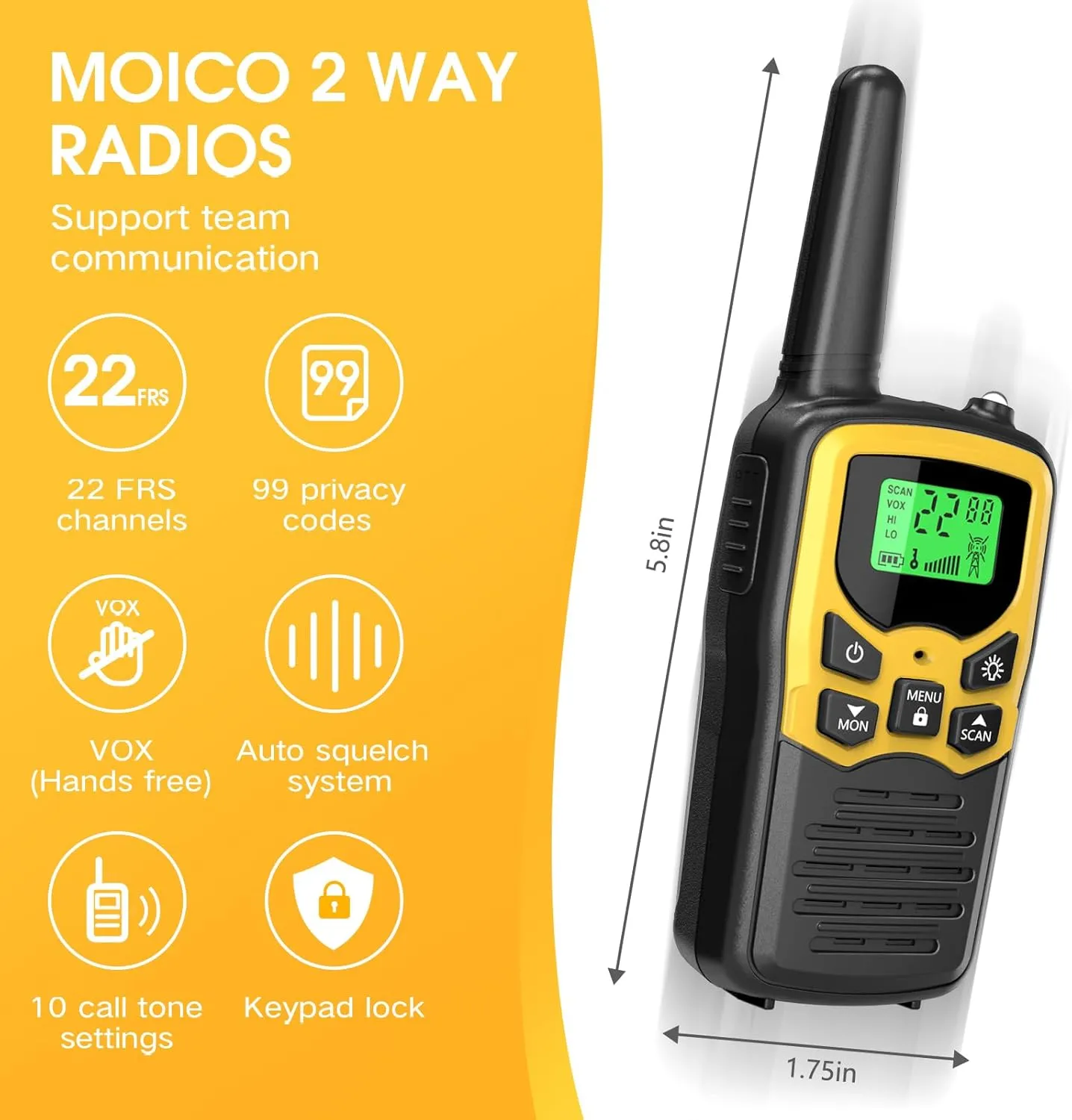 Walkie Talkies with 22 FRS Channels, MOICO Walkie Talkies for Adults with LED Flashlight VOX Scan LCD Display, Long Range Family Walkie Talkie for Hiking Camping Trip (Yellow, 4 Pack)