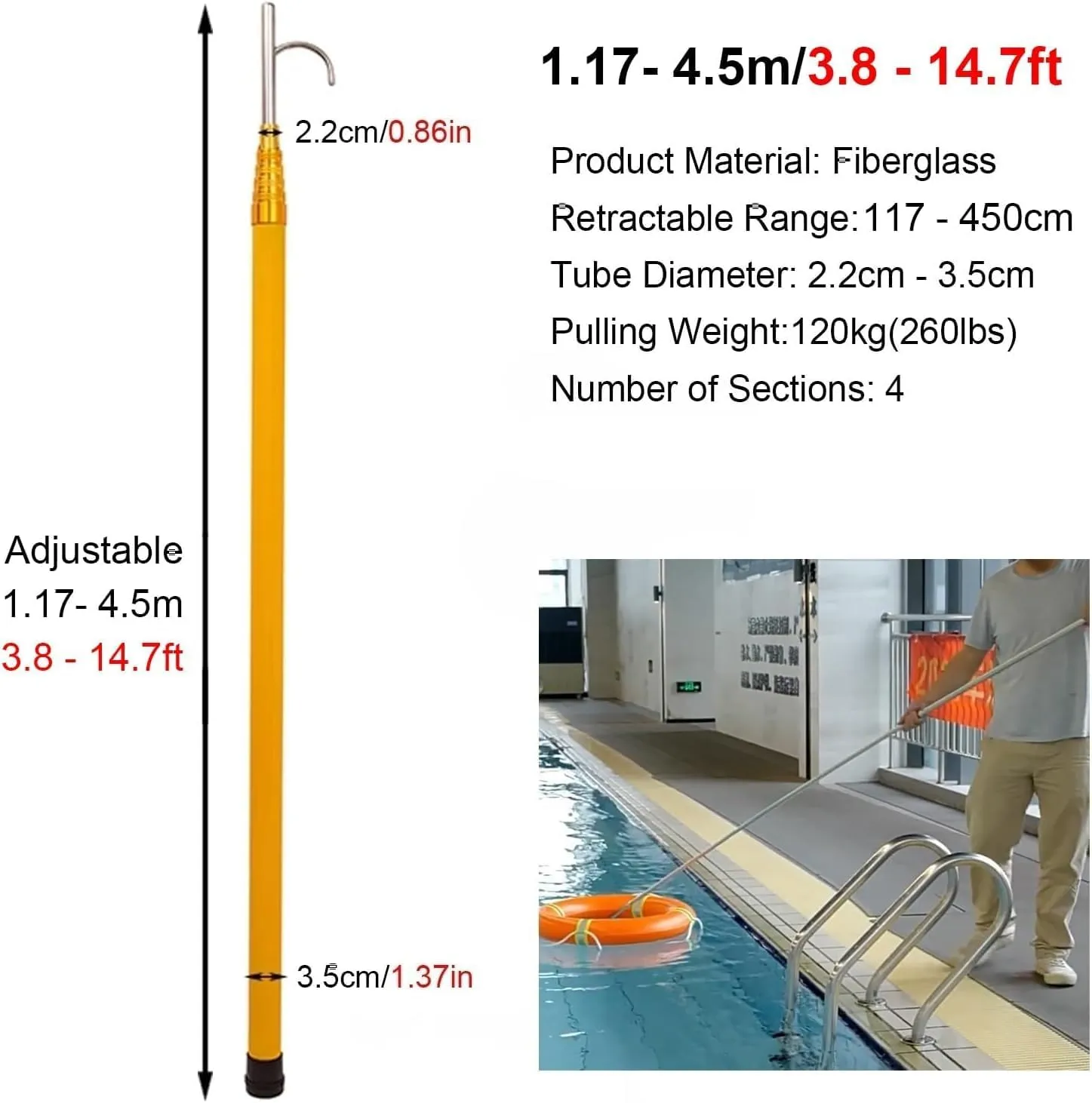 Water Salvage Pole Hook Telescoping Glassfibre Rescue Rod with Stainless Steel Hooks, Marine Extension Rescue Equipment, for Docking Boating(Yellow-Pack of 2,1.17-4.5m)