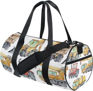Watercolor Trucks and Cars Red Tractor, Excavator, Concrete Mixer Duffel Bag, Foldable Canvas Travel Tote for Gym Sports with Inner Pockets, Durable Lightweight Fitness Bag for Overnight Workout