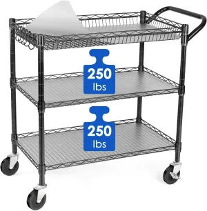 WDT Heavy Duty 3 Tier Utility Cart,Wire Rolling Cart with Wheels, Commercial Grade Service Cart with Shelving Liners and Handle Bar Metal Carts for Kitchen Office Hardware (750LBS Capacity Black)