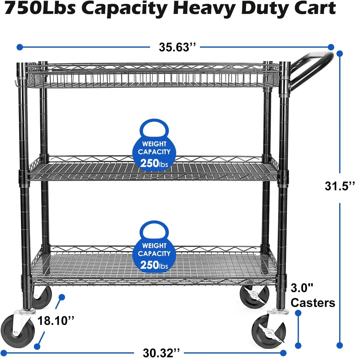WDT Heavy Duty 3 Tier Utility Cart,Wire Rolling Cart with Wheels, Commercial Grade Service Cart with Shelving Liners and Handle Bar Metal Carts for Kitchen Office Hardware (750LBS Capacity Black)
