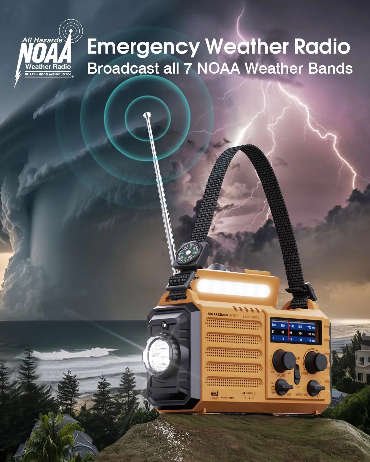 Weather Radio, 5-Way Powered NOAA Solar Hand Crank Emergency Radio with NOAA/AM/FM/SW with 18500mWh Portable Power Bank, Survival Portable Radio with LED Flashlight,Battery Operated,SOS Alarm (Yellow)