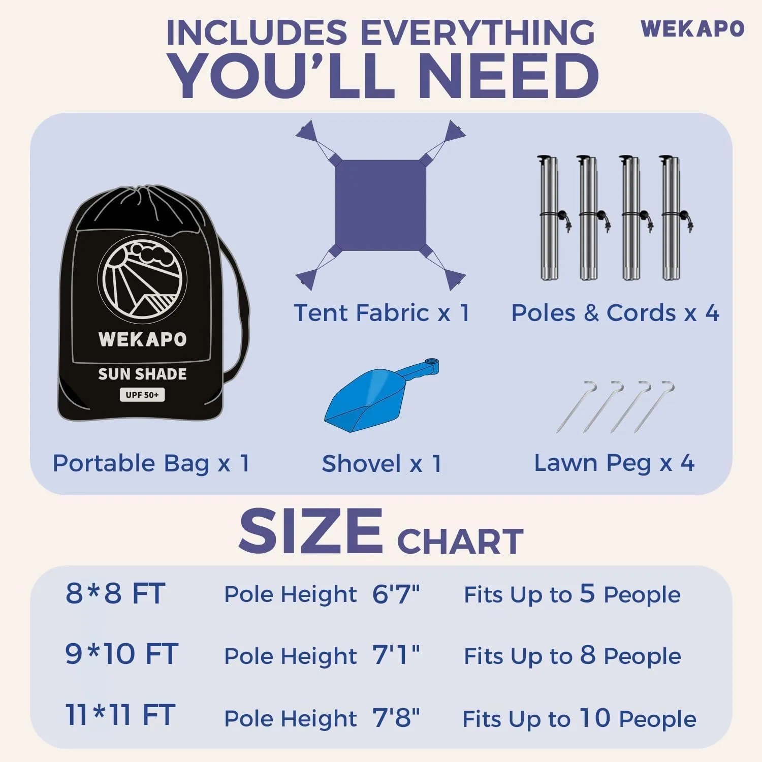 WEKAPO Beach Tent Sun Shelter - Easy Setup Beach Canopy with 4 Sturdy Poles, Large Sandbags and Shovel, 6'7'' Tall, Windproof Sun Shade for Backyard and Camping, UPF 50  Protectio