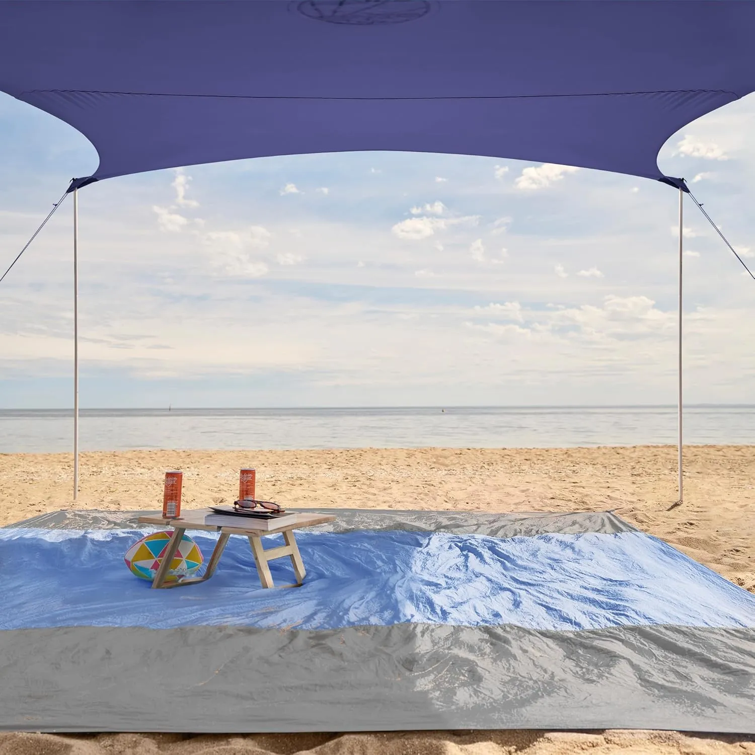 WEKAPO Beach Tent Sun Shelter - Easy Setup Beach Canopy with 4 Sturdy Poles, Large Sandbags and Shovel, 6'7'' Tall, Windproof Sun Shade for Backyard and Camping, UPF 50  Protectio