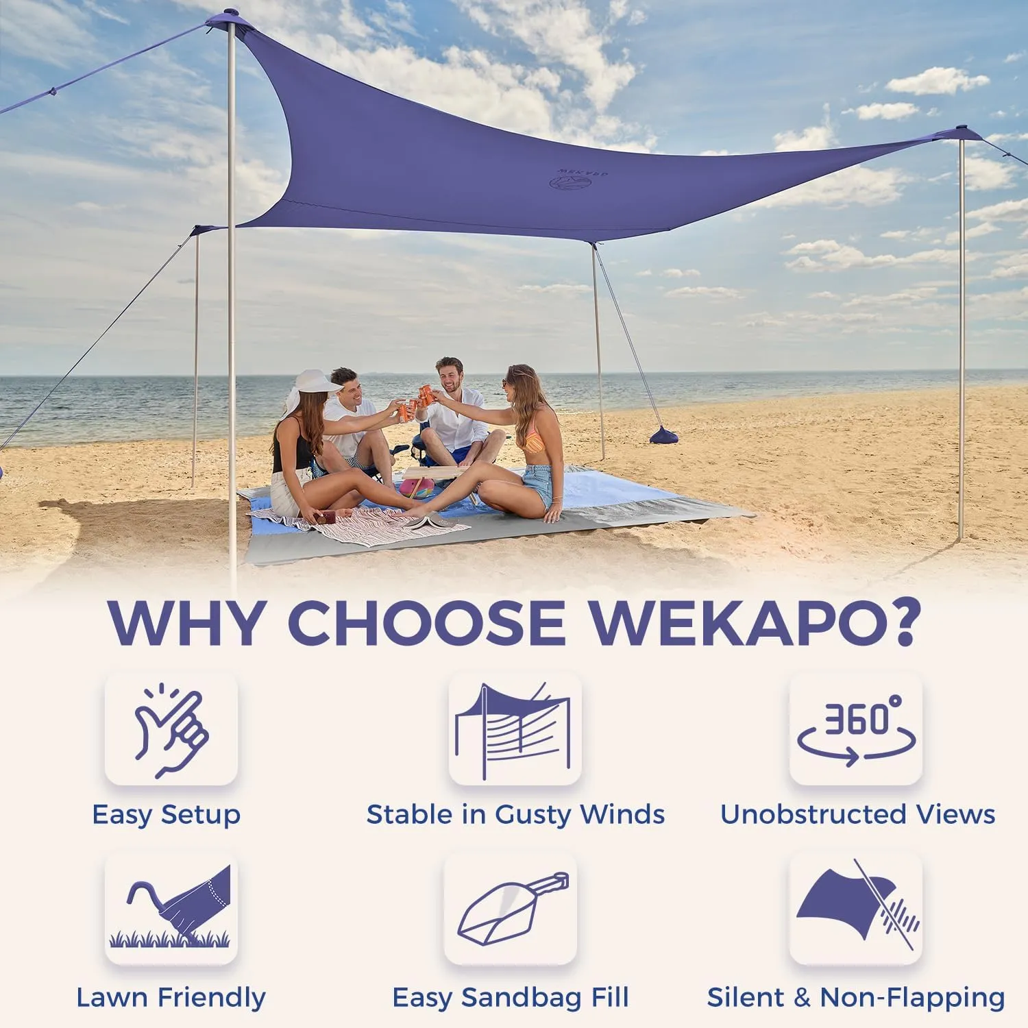 WEKAPO Beach Tent Sun Shelter - Easy Setup Beach Canopy with 4 Sturdy Poles, Large Sandbags and Shovel, 6'7'' Tall, Windproof Sun Shade for Backyard and Camping, UPF 50  Protectio