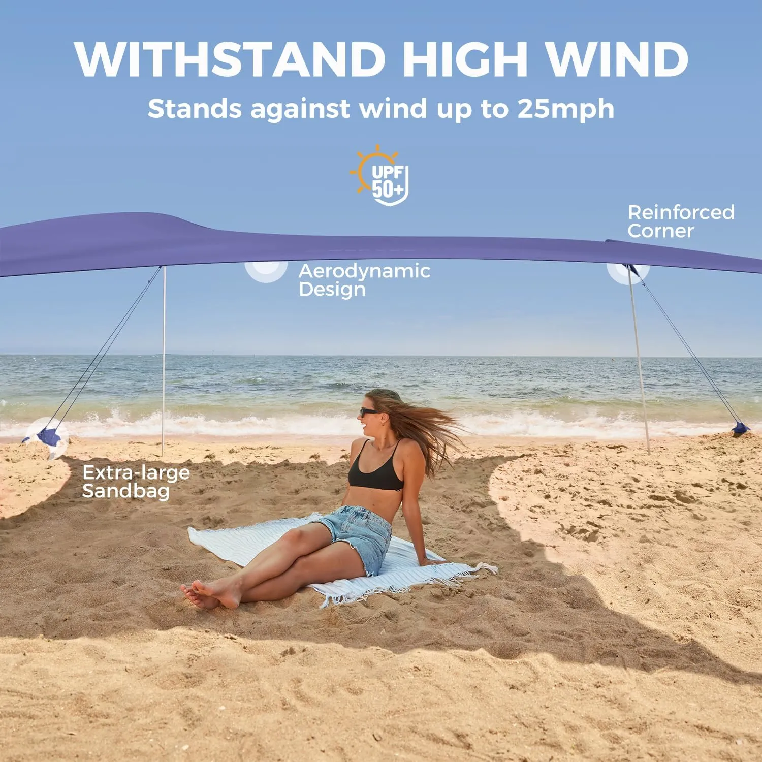 WEKAPO Beach Tent Sun Shelter - Easy Setup Beach Canopy with 4 Sturdy Poles, Large Sandbags and Shovel, 6'7'' Tall, Windproof Sun Shade for Backyard and Camping, UPF 50  Protectio