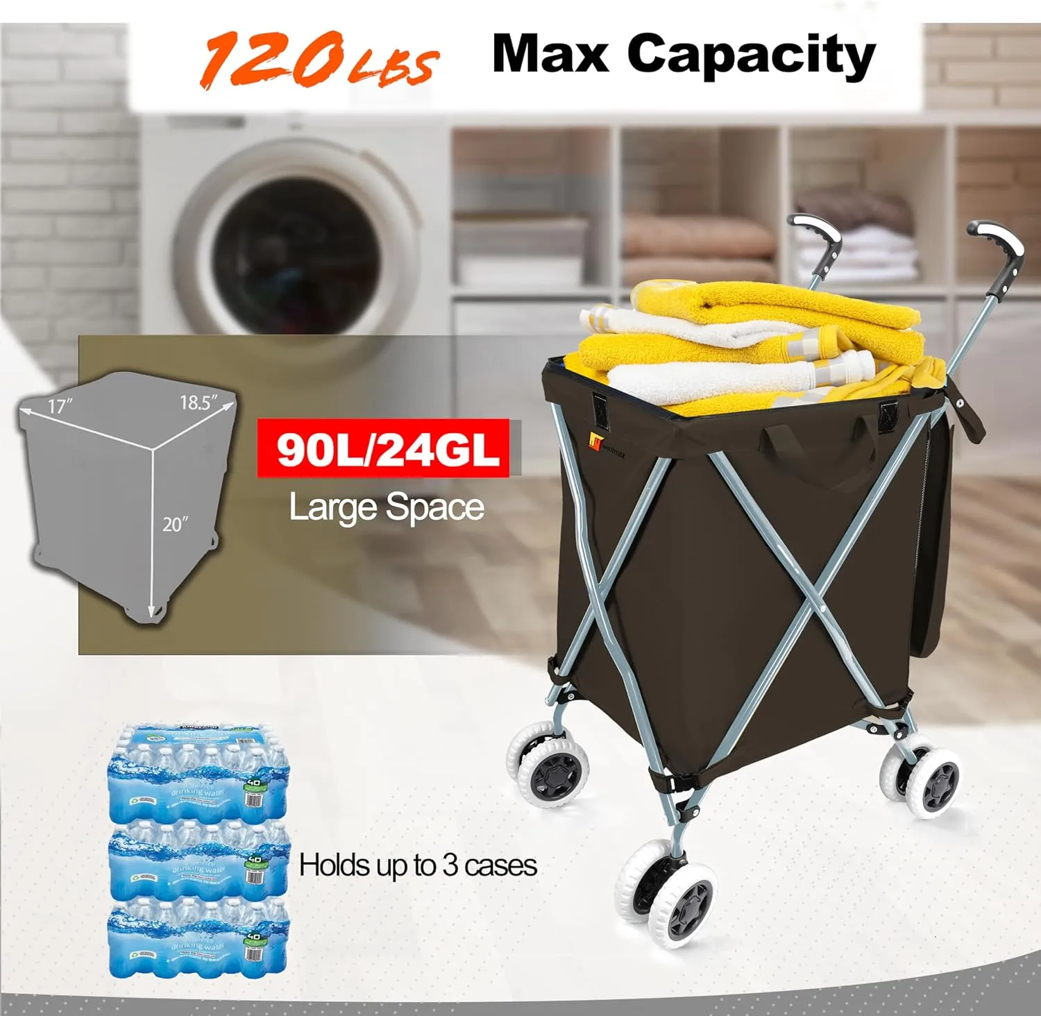 Wellmax WM99100 Series Folding Shopping Cart with Wheels, Grocery Cart with Removable Canvas with Cover, Lightweight Utility Cart for Groceries and Laundry - Holds up to 120 lbs (Black)
