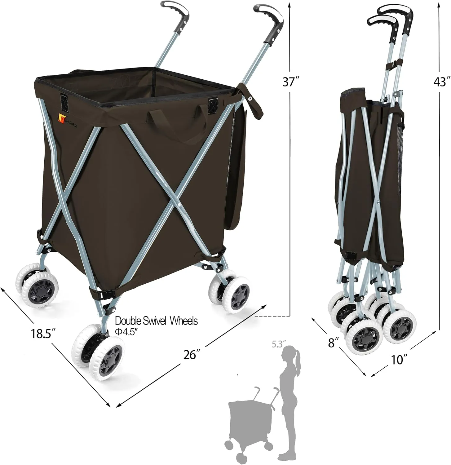 Wellmax WM99100 Series Folding Shopping Cart with Wheels, Grocery Cart with Removable Canvas with Cover, Lightweight Utility Cart for Groceries and Laundry - Holds up to 120 lbs (Black)