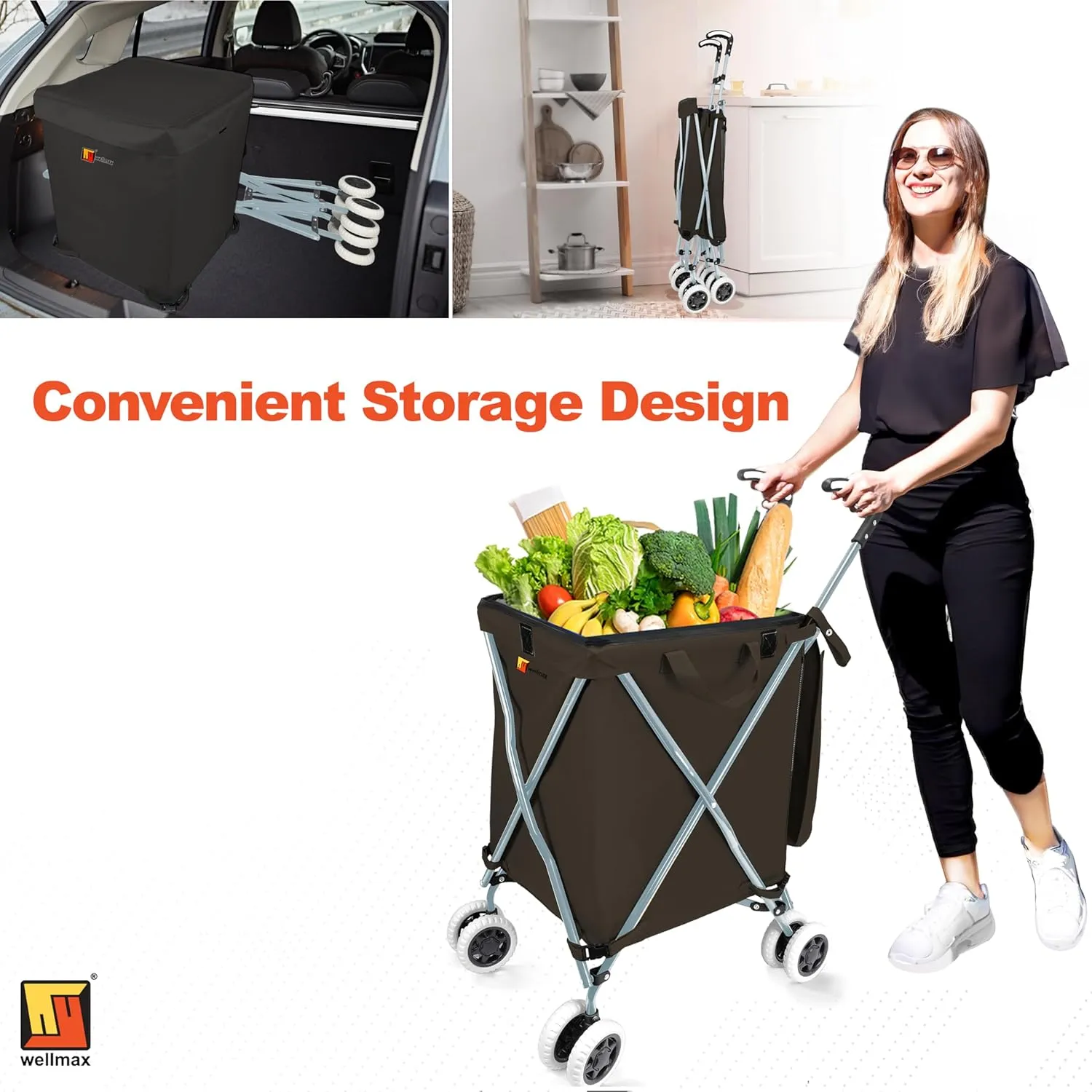 Wellmax WM99100 Series Folding Shopping Cart with Wheels, Grocery Cart with Removable Canvas with Cover, Lightweight Utility Cart for Groceries and Laundry - Holds up to 120 lbs (Black)