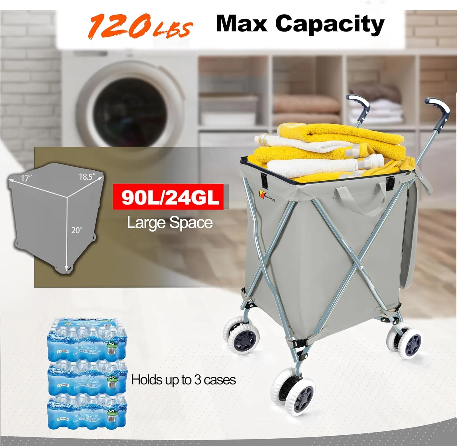 Wellmax WM99100 Series Folding Shopping Cart with Wheels, Grocery Cart with Removable Canvas with Cover, Lightweight Utility Cart for Groceries and Laundry - Holds up to 120 lbs (Gray)