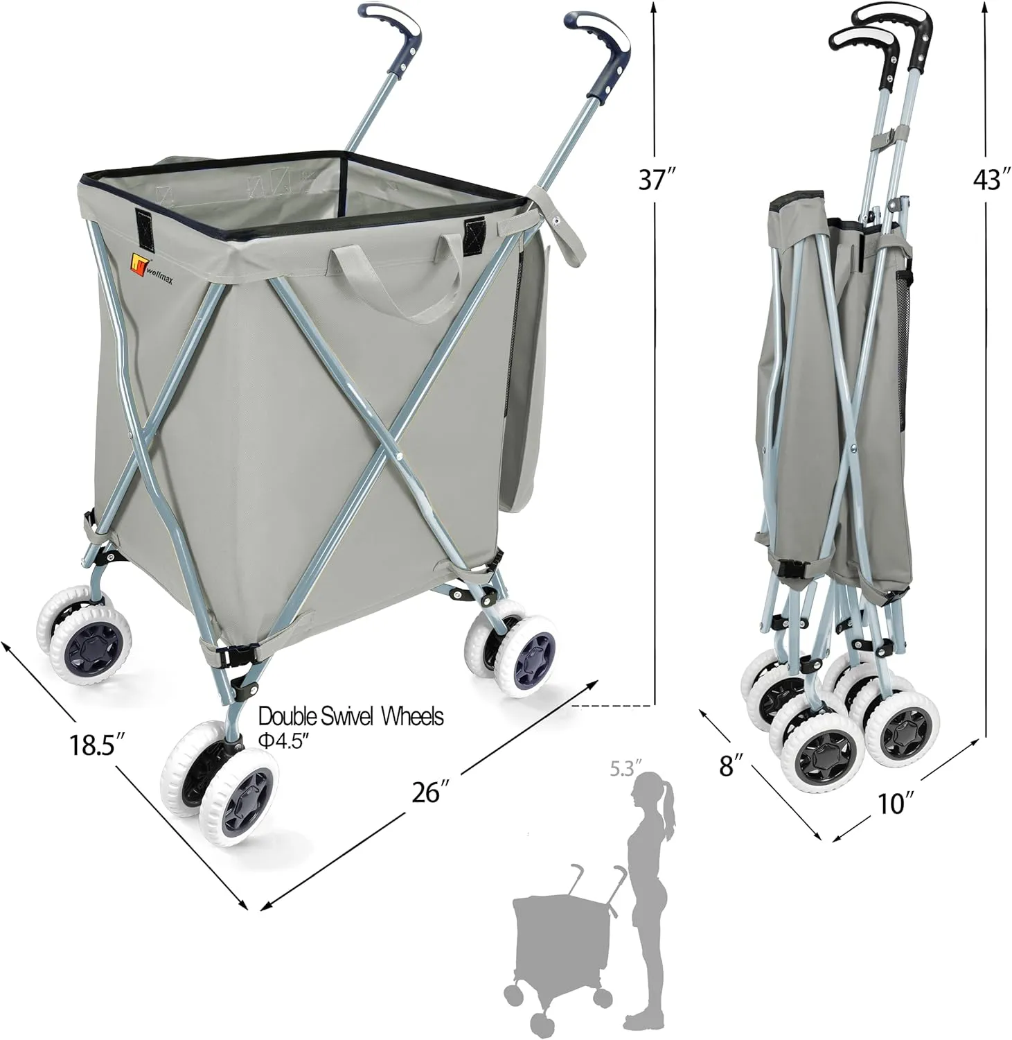 Wellmax WM99100 Series Folding Shopping Cart with Wheels, Grocery Cart with Removable Canvas with Cover, Lightweight Utility Cart for Groceries and Laundry - Holds up to 120 lbs (Gray)
