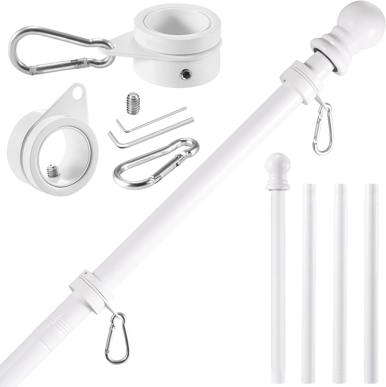 White Flag Pole Kit for House, 5 FT Thickened Stainless Steel Outside Wall Mount Flagpole for 3x5' American Flag with 1" Tangle Free 360° Rotating Flag Pole Rings Hardware for Porch Residential