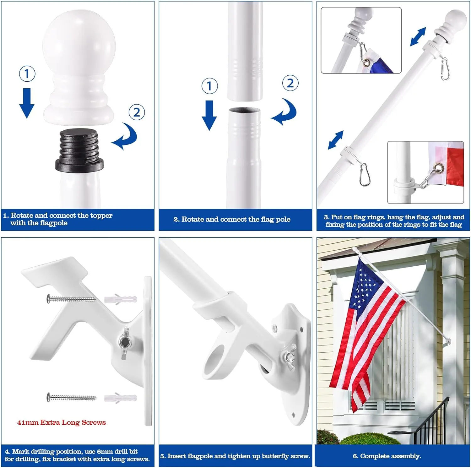 White Flag Pole Kit for House, 5 FT Thickened Stainless Steel Outside Wall Mount Flagpole for 3x5' American Flag with 1" Tangle Free 360° Rotating Flag Pole Rings Hardware for Porch Residential