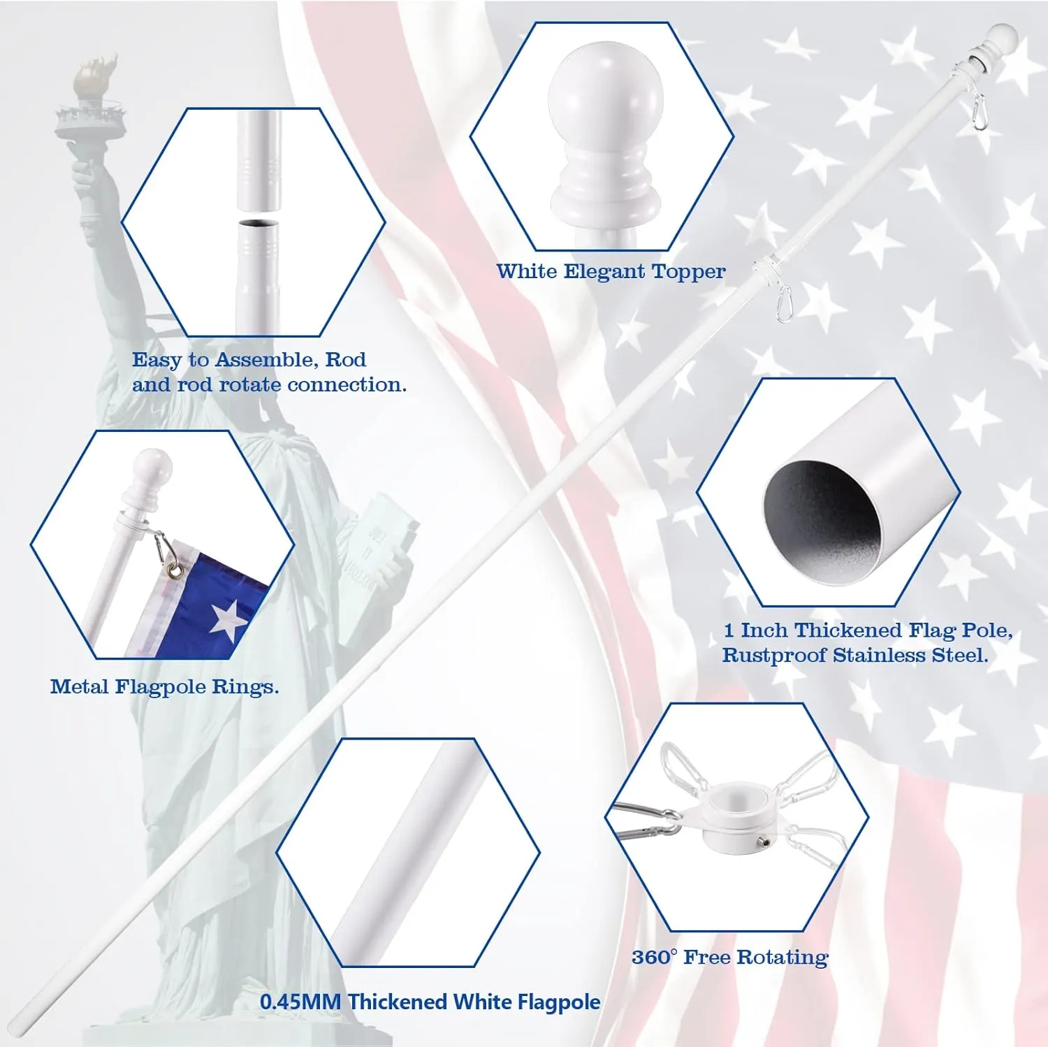 White Flag Pole Kit for House, 5 FT Thickened Stainless Steel Outside Wall Mount Flagpole for 3x5' American Flag with 1" Tangle Free 360° Rotating Flag Pole Rings Hardware for Porch Residential