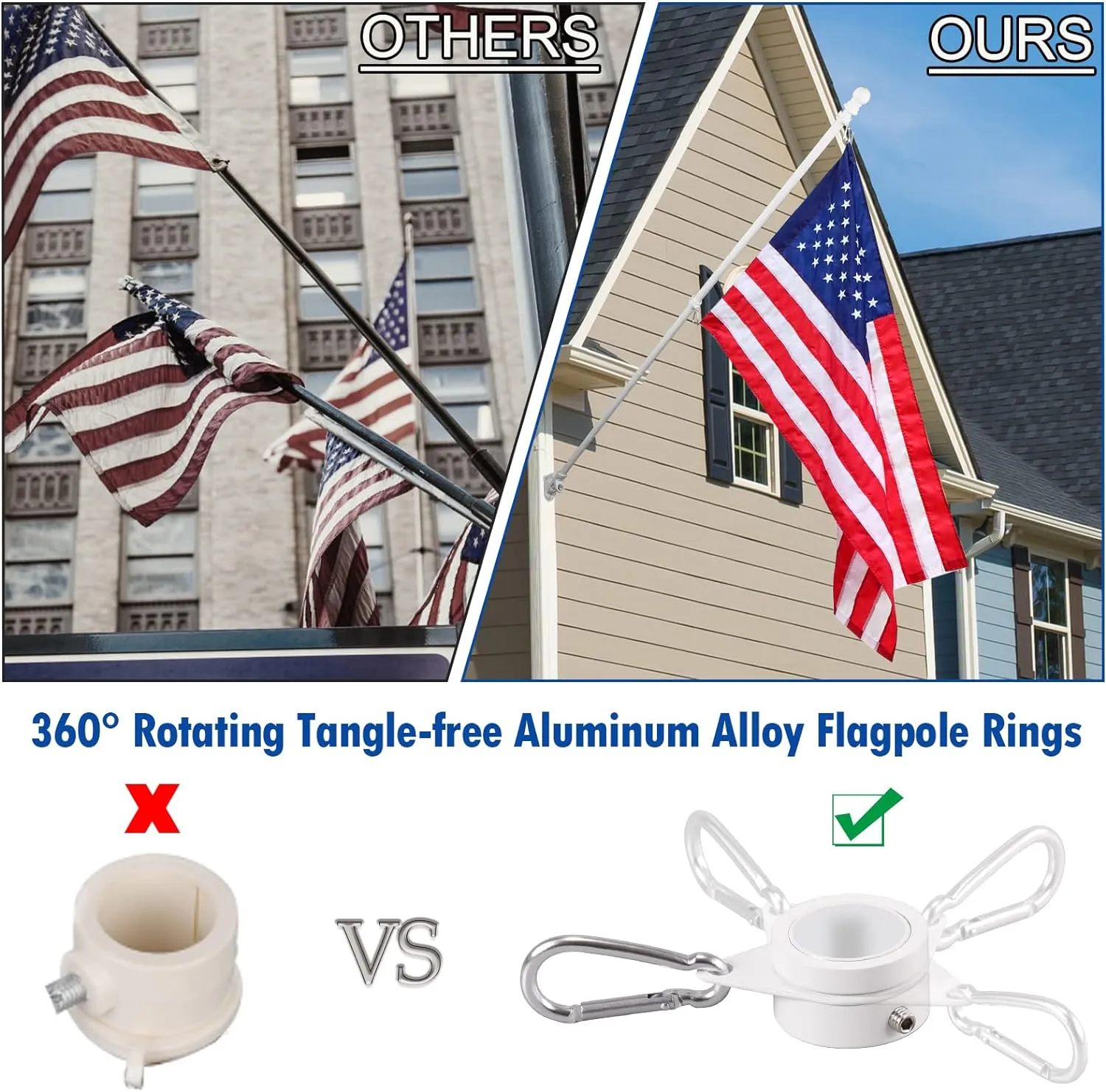 White Flag Pole Kit for House, 5 FT Thickened Stainless Steel Outside Wall Mount Flagpole for 3x5' American Flag with 1" Tangle Free 360° Rotating Flag Pole Rings Hardware for Porch Residential