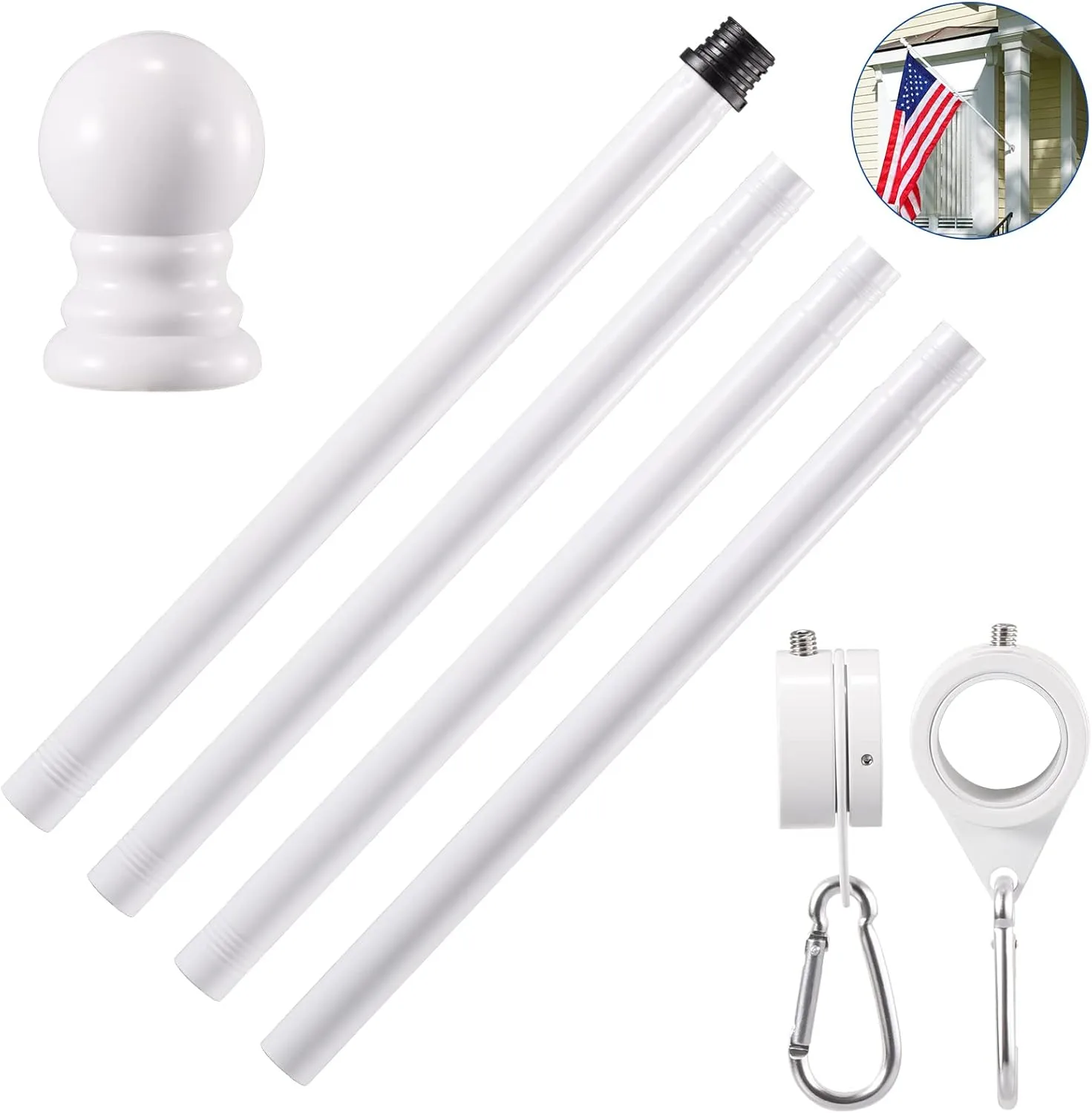 White Flag Pole Kit for House, 5 FT Thickened Stainless Steel Outside Wall Mount Flagpole for 3x5' American Flag with 1" Tangle Free 360° Rotating Flag Pole Rings Hardware for Porch Residential