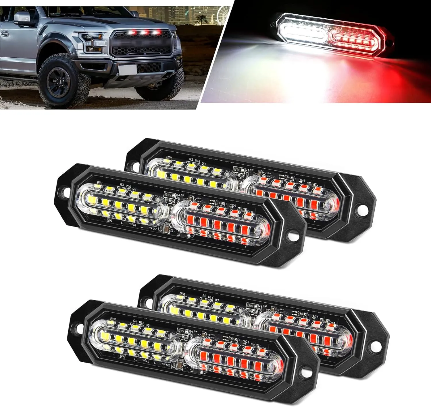 White Red Led Strobe Lights for Trucks, 23-Flashing Mode, 12-Led, Upgraded Waterproof Emergency Surface Mount Grill Grille Light, Mini Warning Bar for Dodge Ford Toyota Tacoma Truck, 4pc Pack