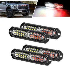 White Red Led Strobe Lights for Trucks, 23-Flashing Mode, 12-Led, Upgraded Waterproof Emergency Surface Mount Grill Grille Light, Mini Warning Bar for Dodge Ford Toyota Tacoma Truck, 4pc Pack