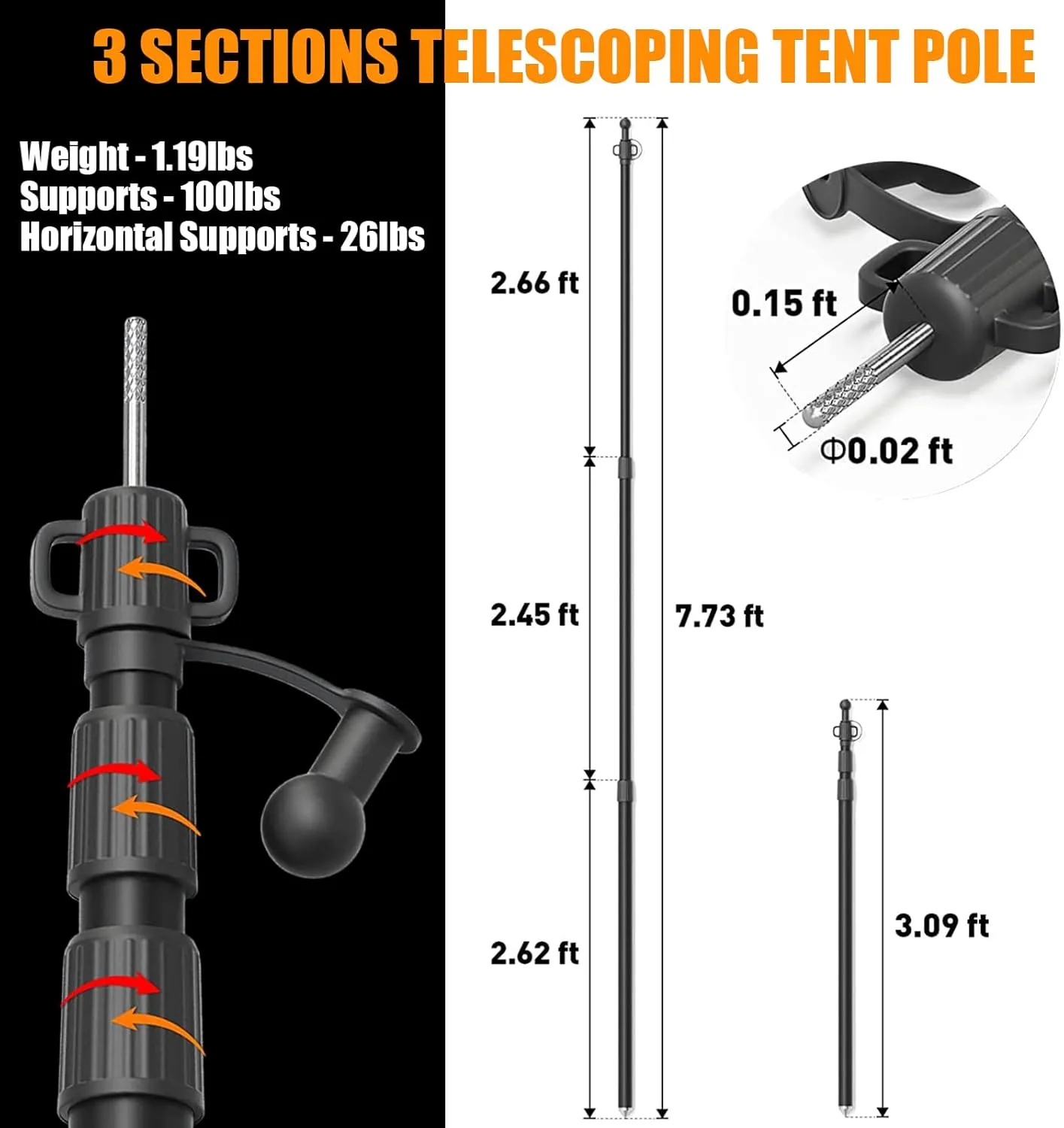 WILDROAD Tarp Poles Tent Poles Canopy Poles 7.7 ft, Telescoping Aluminum Poles with Non-Slip Aluminum Cone Bottom, Portable and Lightweight Camping Gear for Camping and Awnings, Set of 2